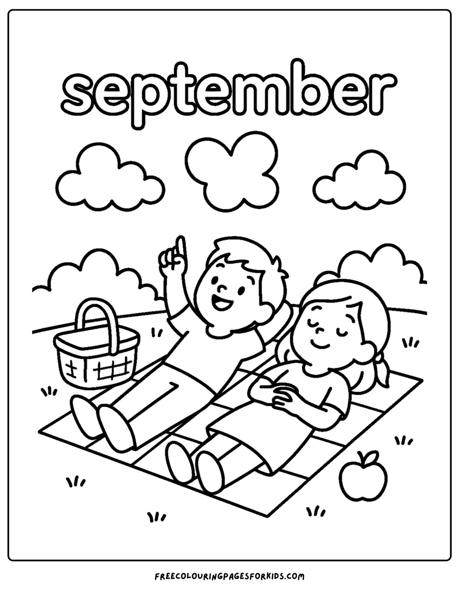 a september coloring page featuring two people having a picnic and looking up watching the clouds