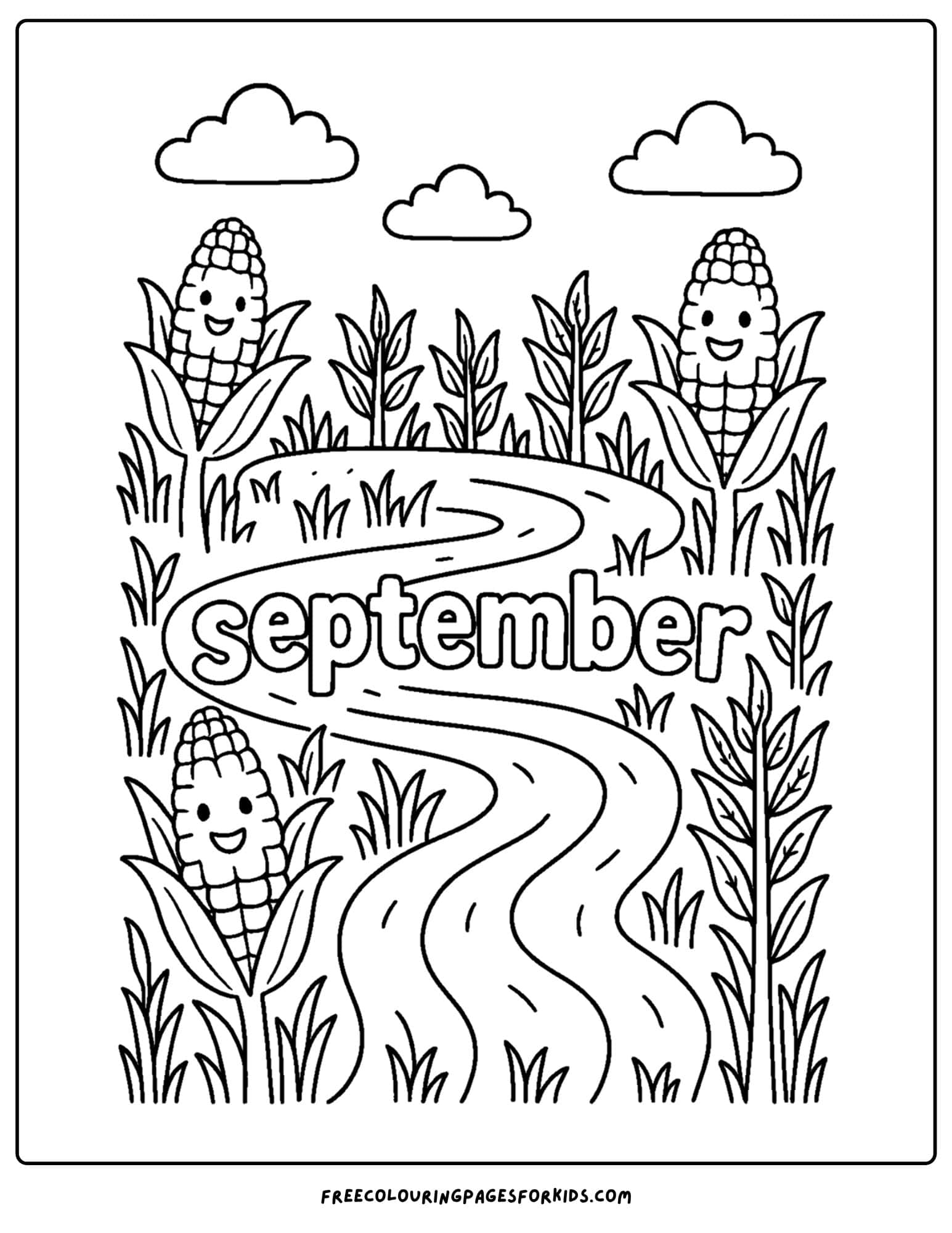 a september coloring page featuring a corn maze