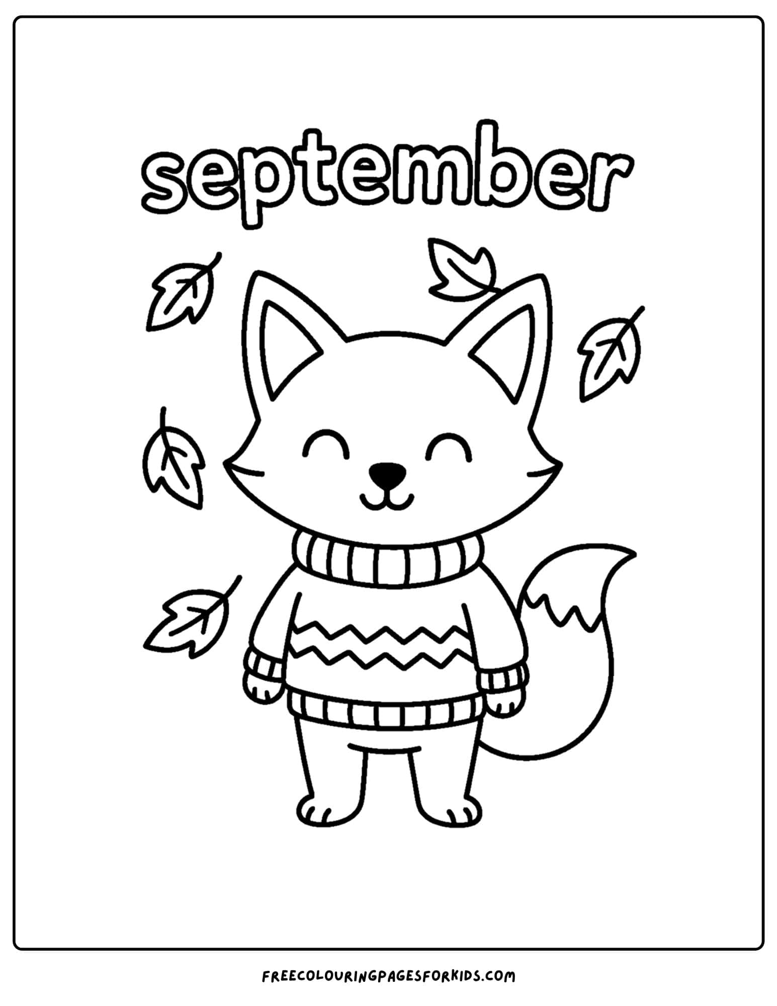 a september coloring page featuring a fox dressed up warm in a dozy sweater
