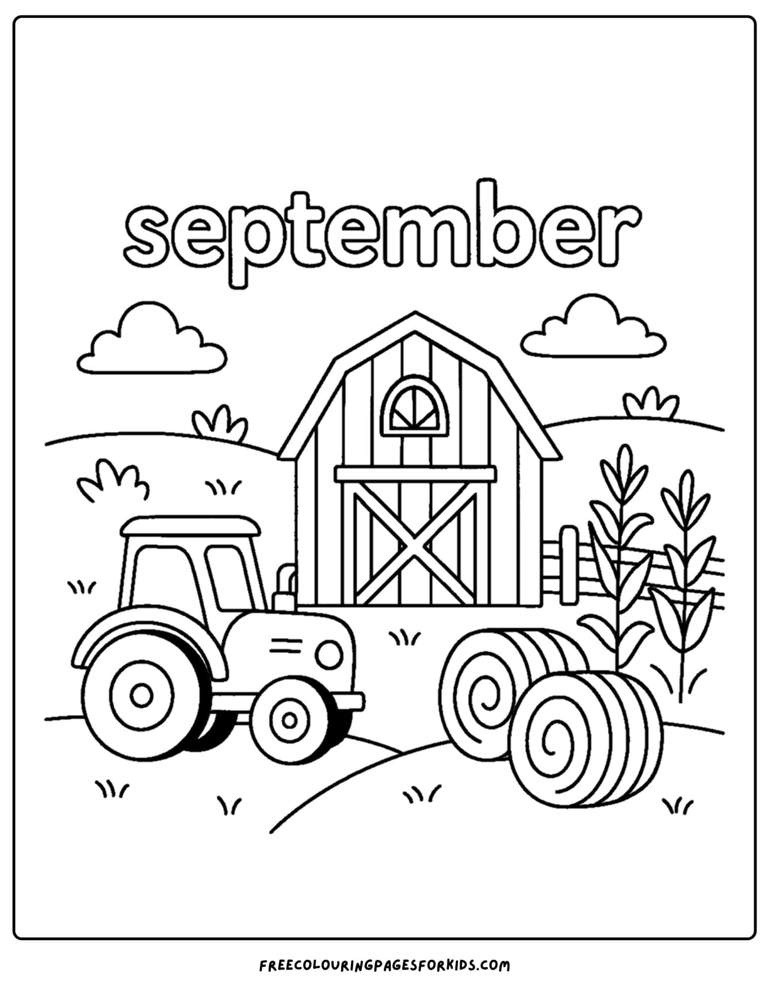 a september coloring page featuring a farm scene with a tractor, barn and hay bales