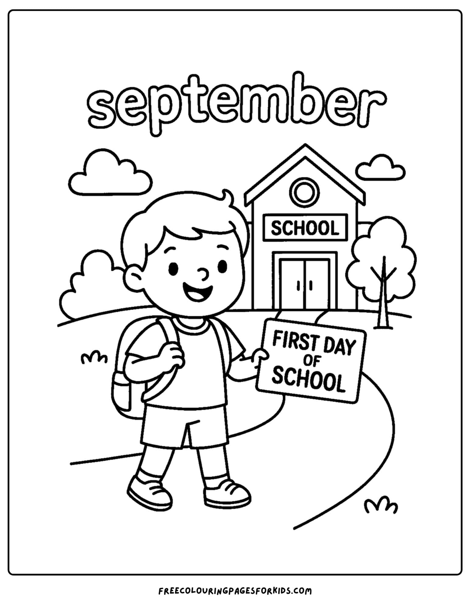 a september coloring page featuring a child going to school for the first day