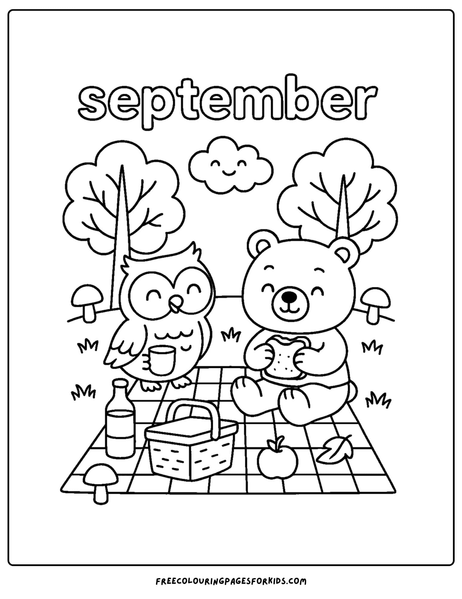 a september coloring page featuring a picnic with a bear and owl