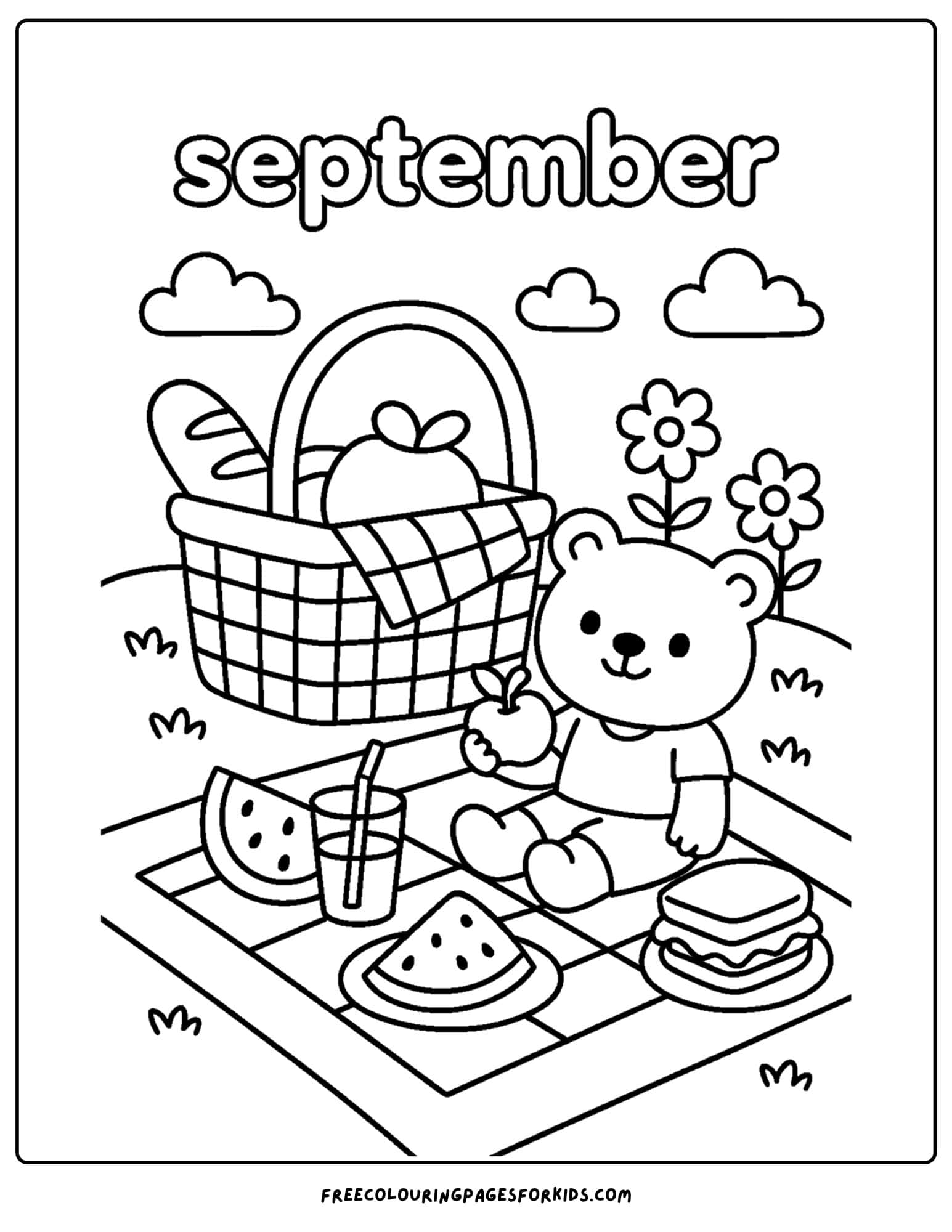 a september coloring page featuring a fun picnic scene