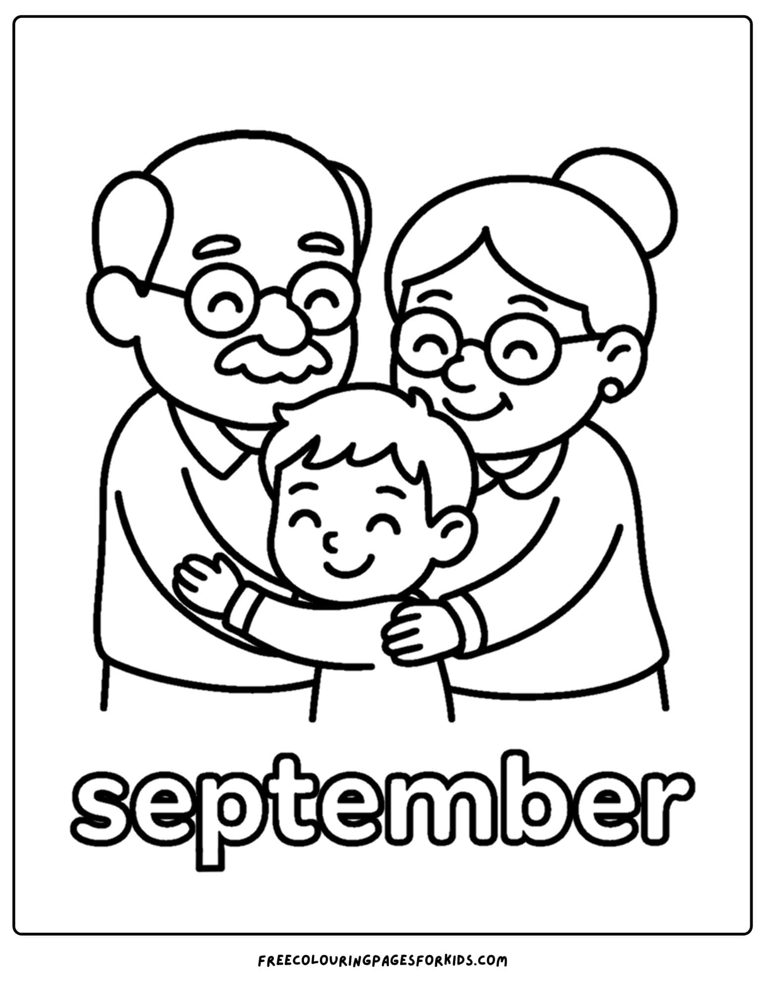 a september coloring page featuring grandparents giving their grandchild a big hug