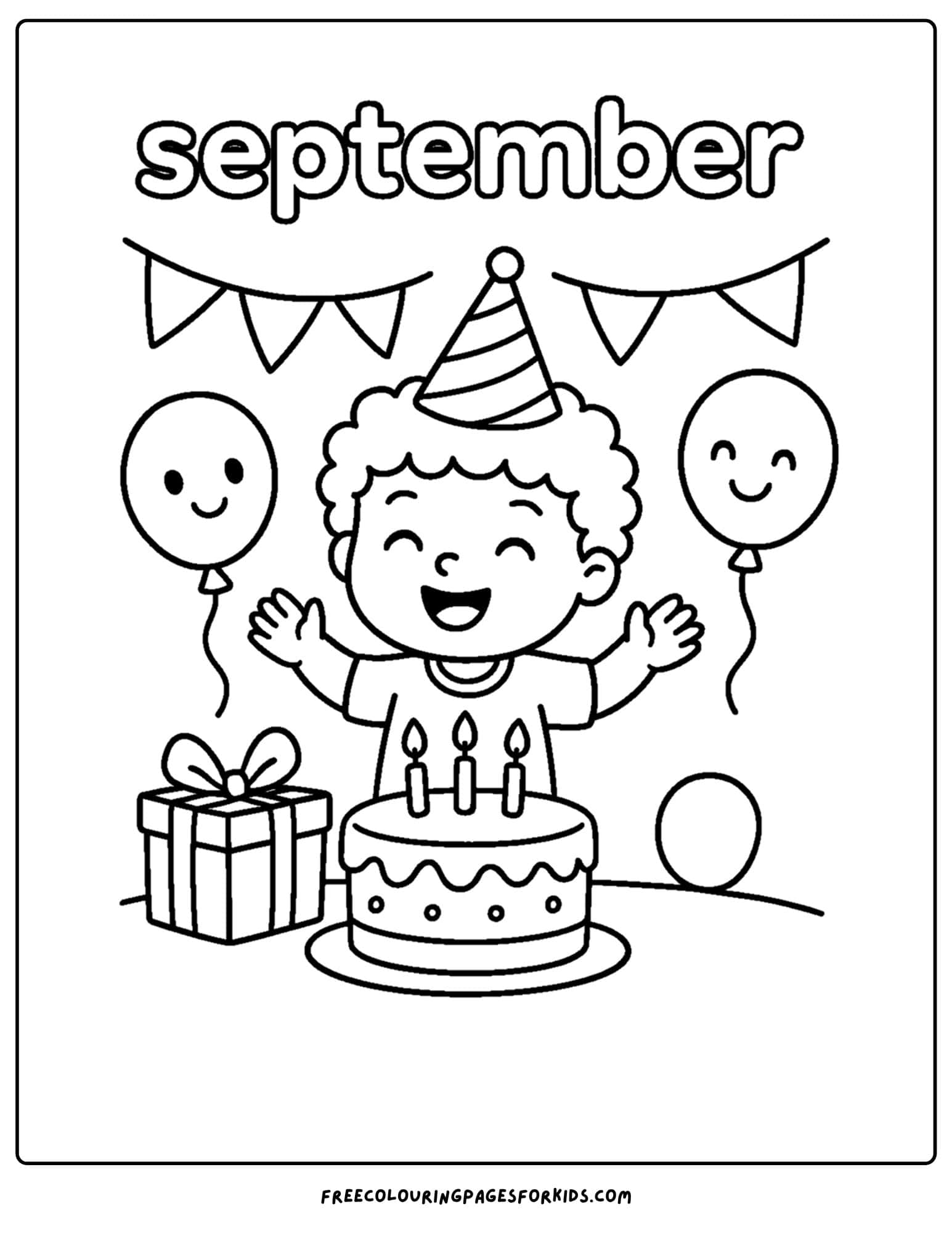 a september coloring page featuring a child celebrating a birthday
