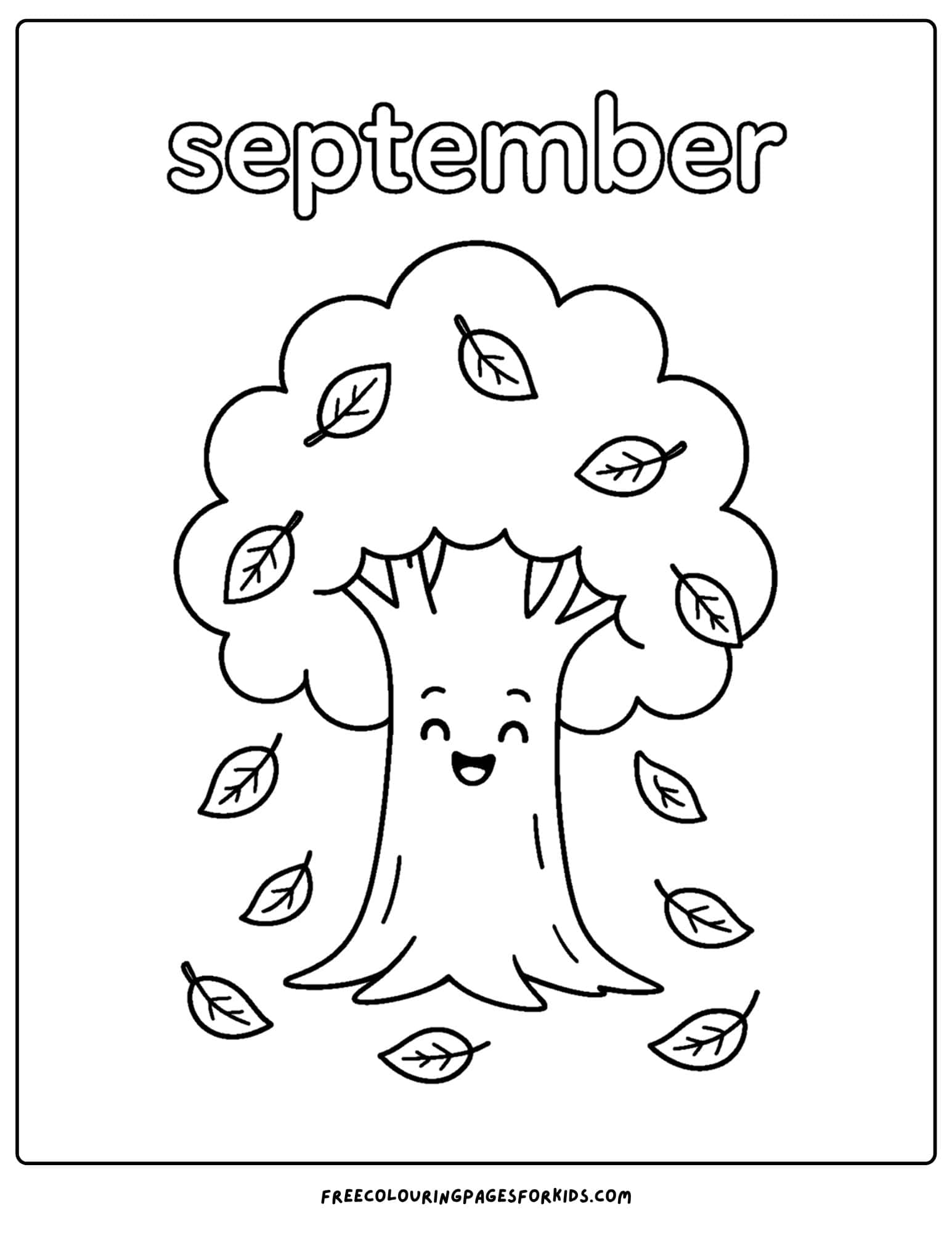 a september coloring page featuring a tree losing its leaves