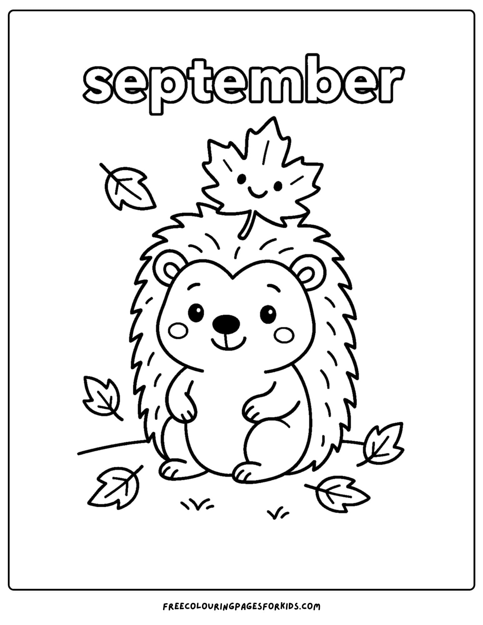 a september coloring page featuring a hedgehog with a leaf stuck to it
