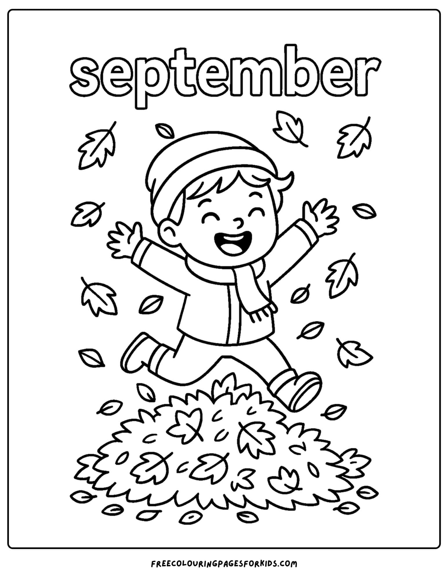 a september coloring page featuring a child jumping in a pile of leaves
