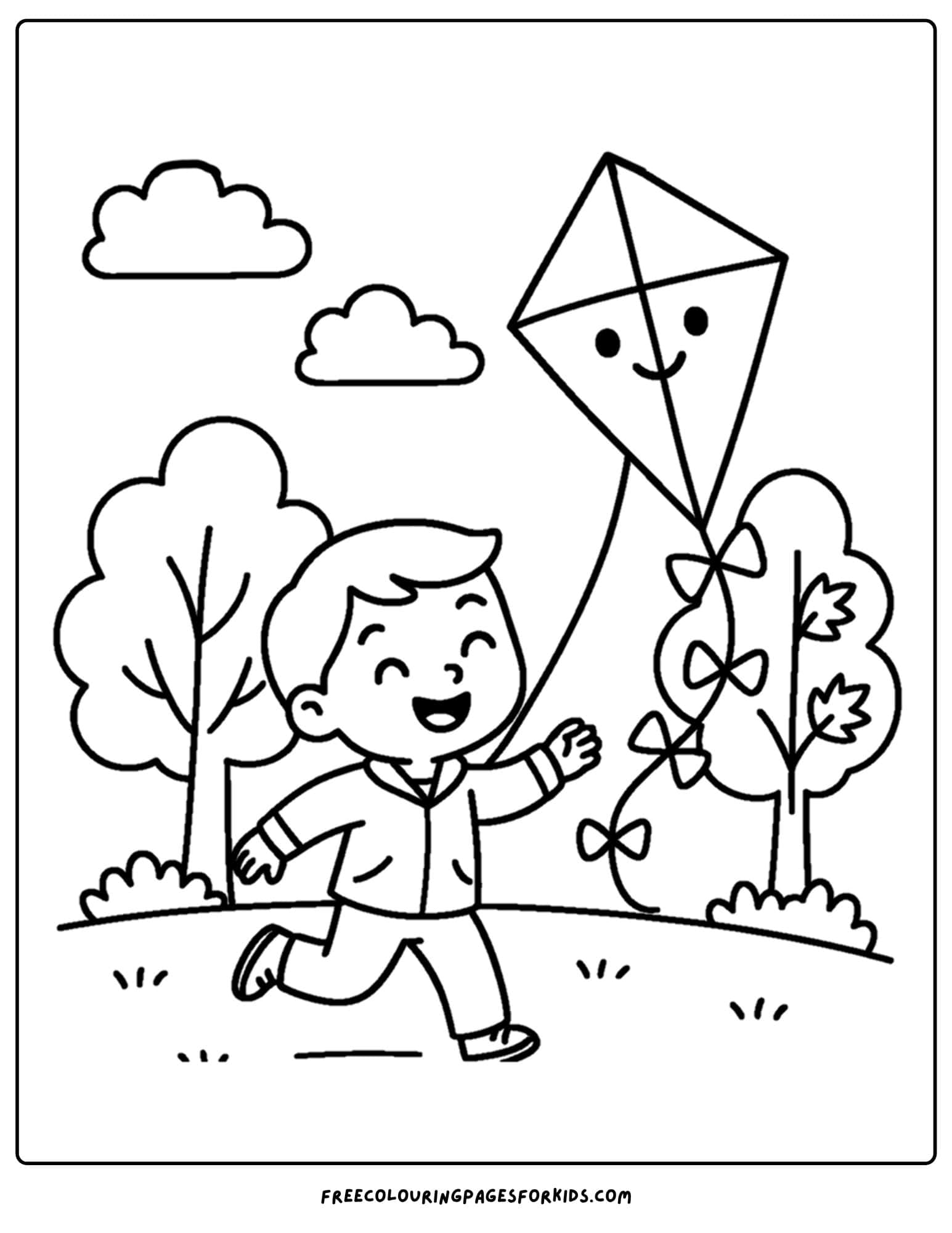 a september coloring page featuring a child flying a kite