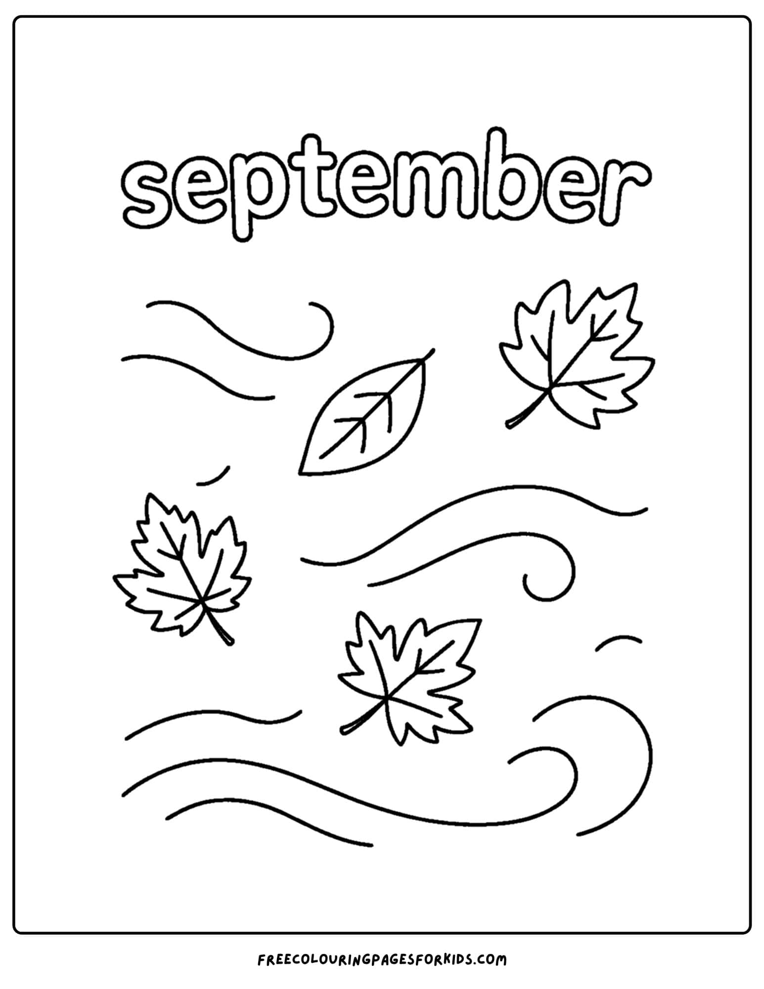 a september coloring page featuring leaves blowing around
