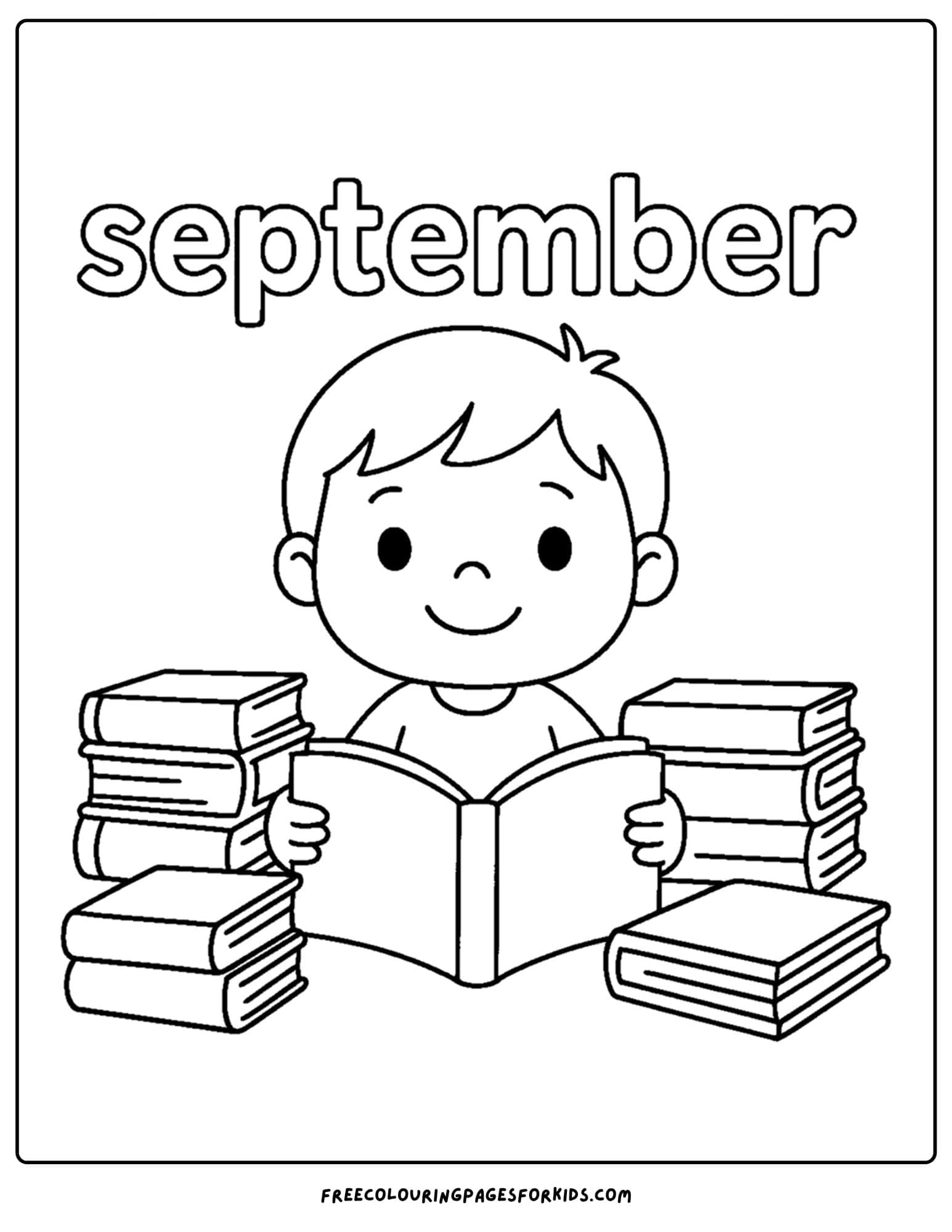 a september coloring page featuring a child in a library with stacks of books either side of him reading