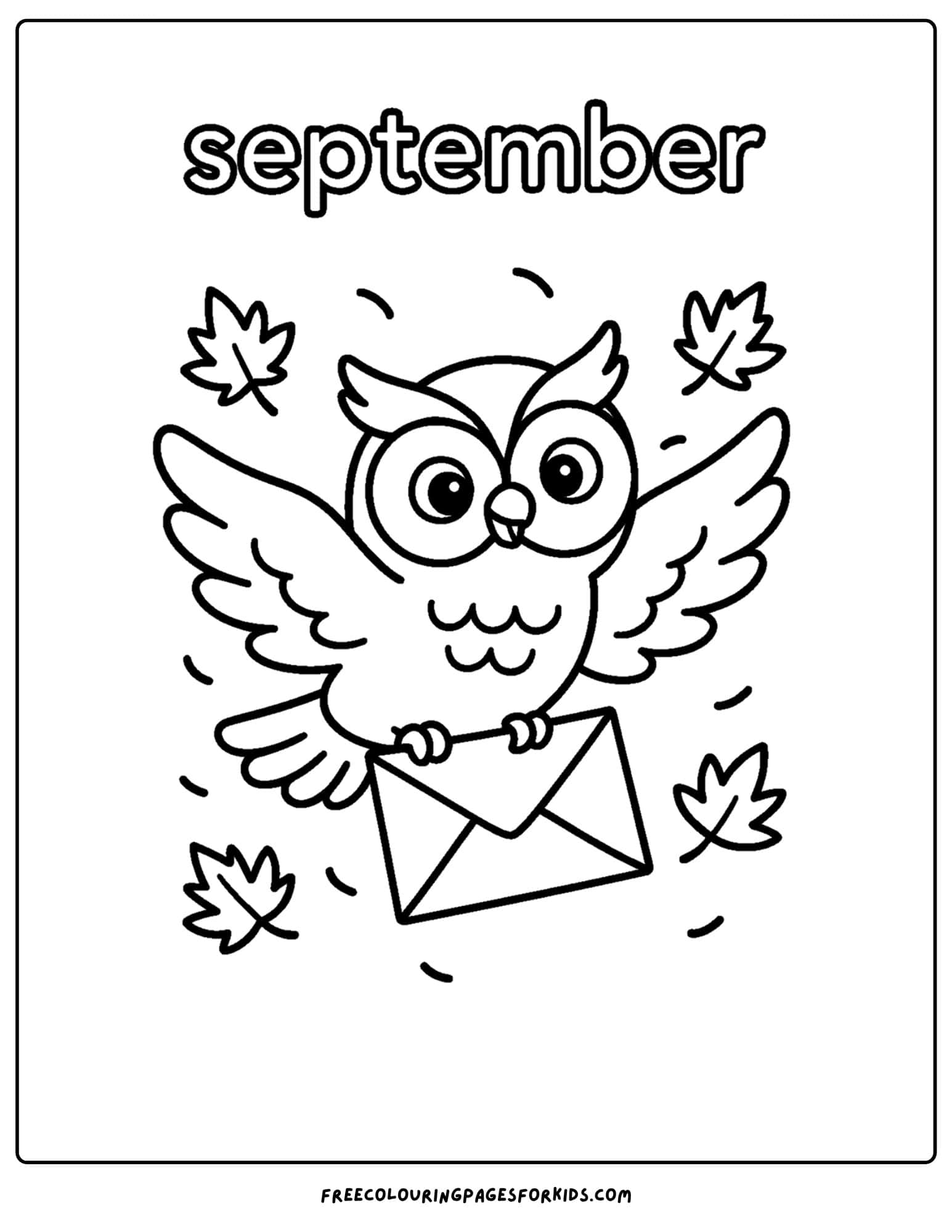 a september coloring page featuring an owl flying with a letter in its feet