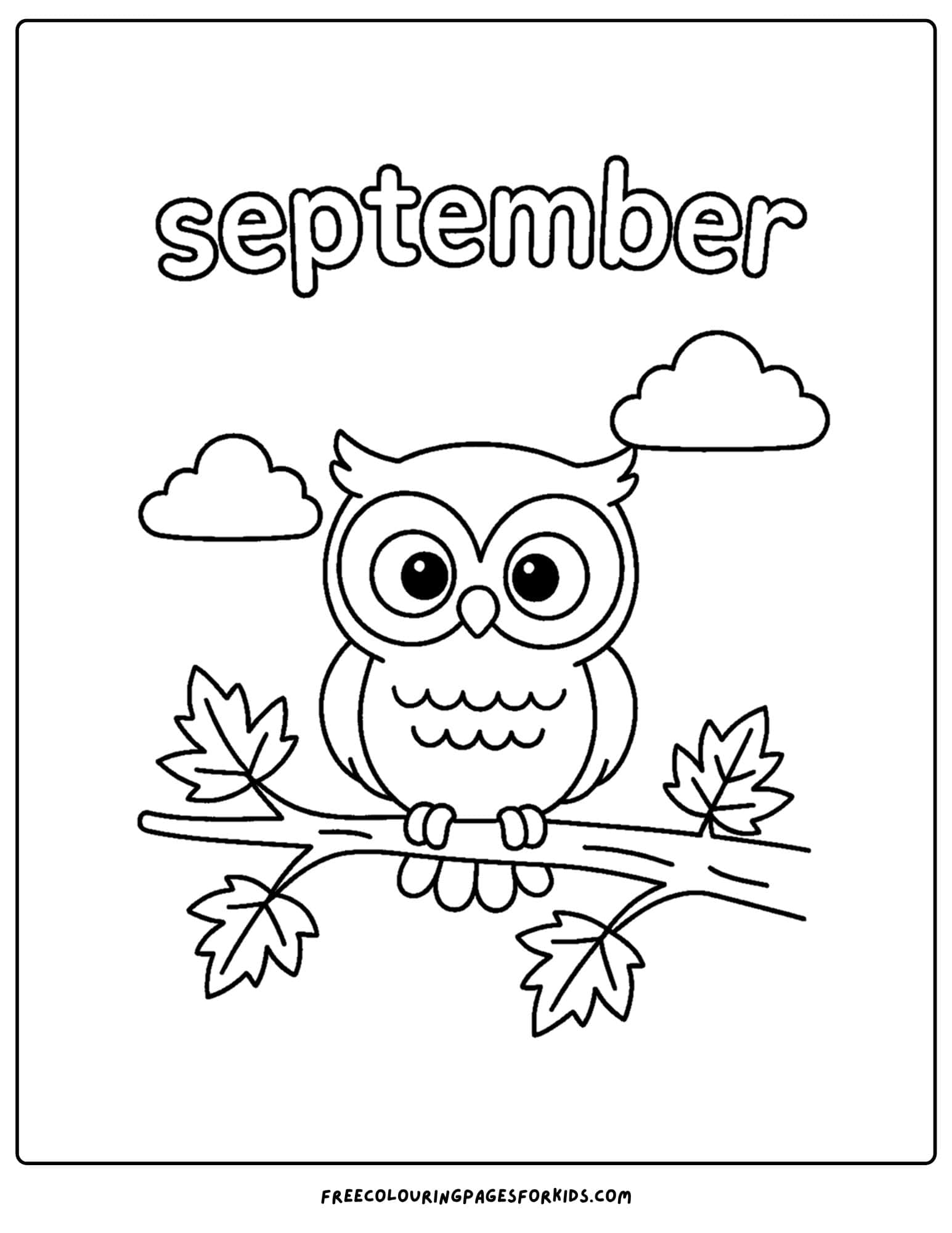 a september coloring page featuring an owl sitting on a branch