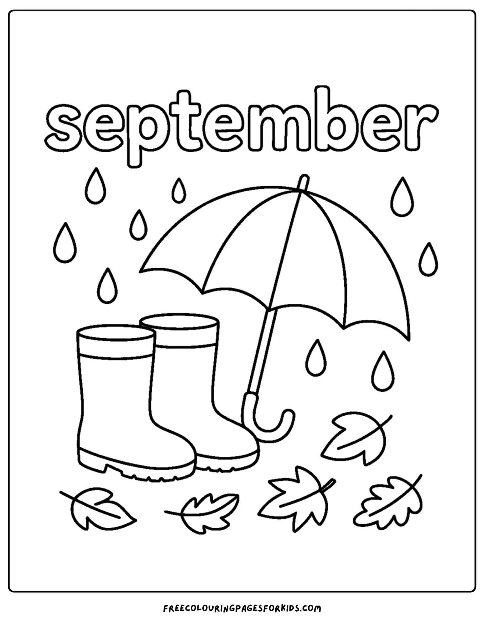 a september coloring page featuring an umbrella and rain boots with rain falling above