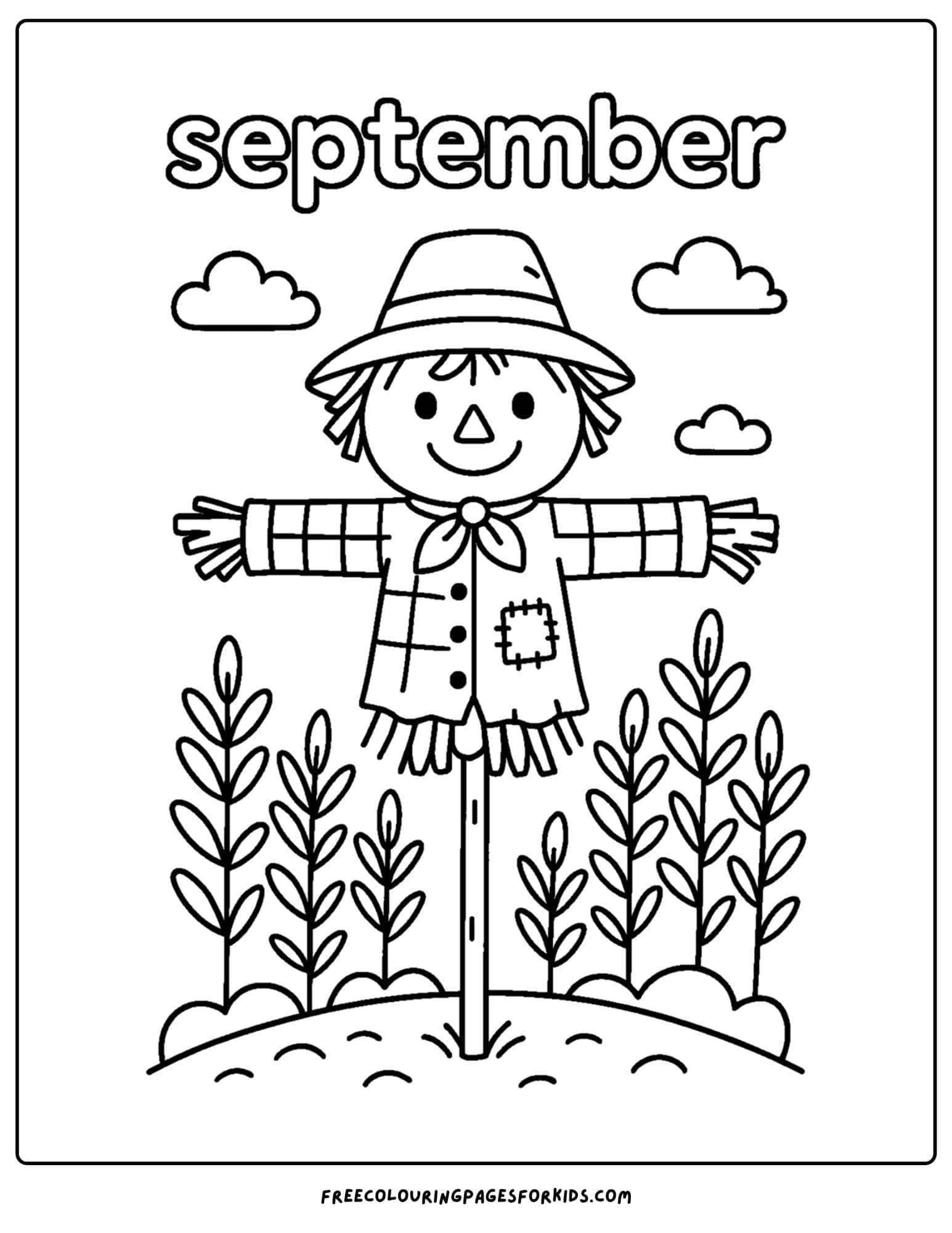 a september coloring page featuring a scarecrow in a field