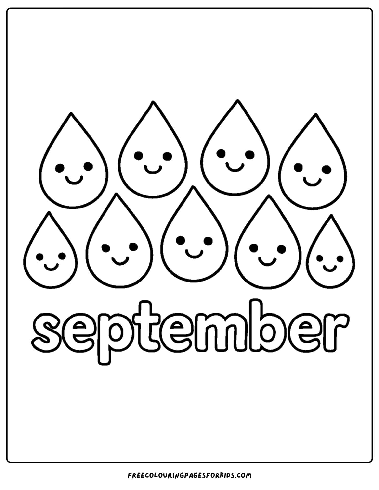 a september coloring page featuring a group of raindrops with faces
