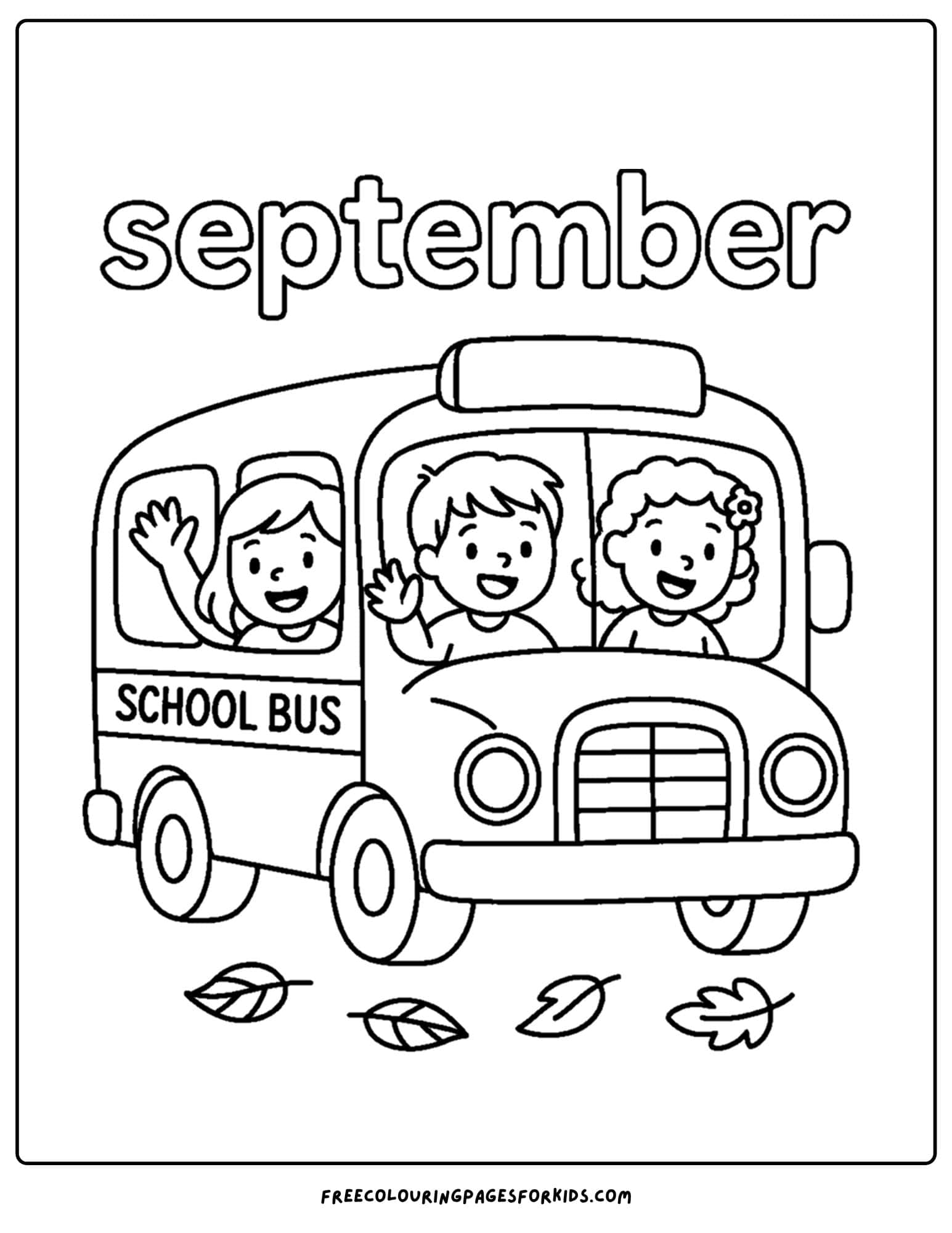 a september coloring page featuring kids on a school bus