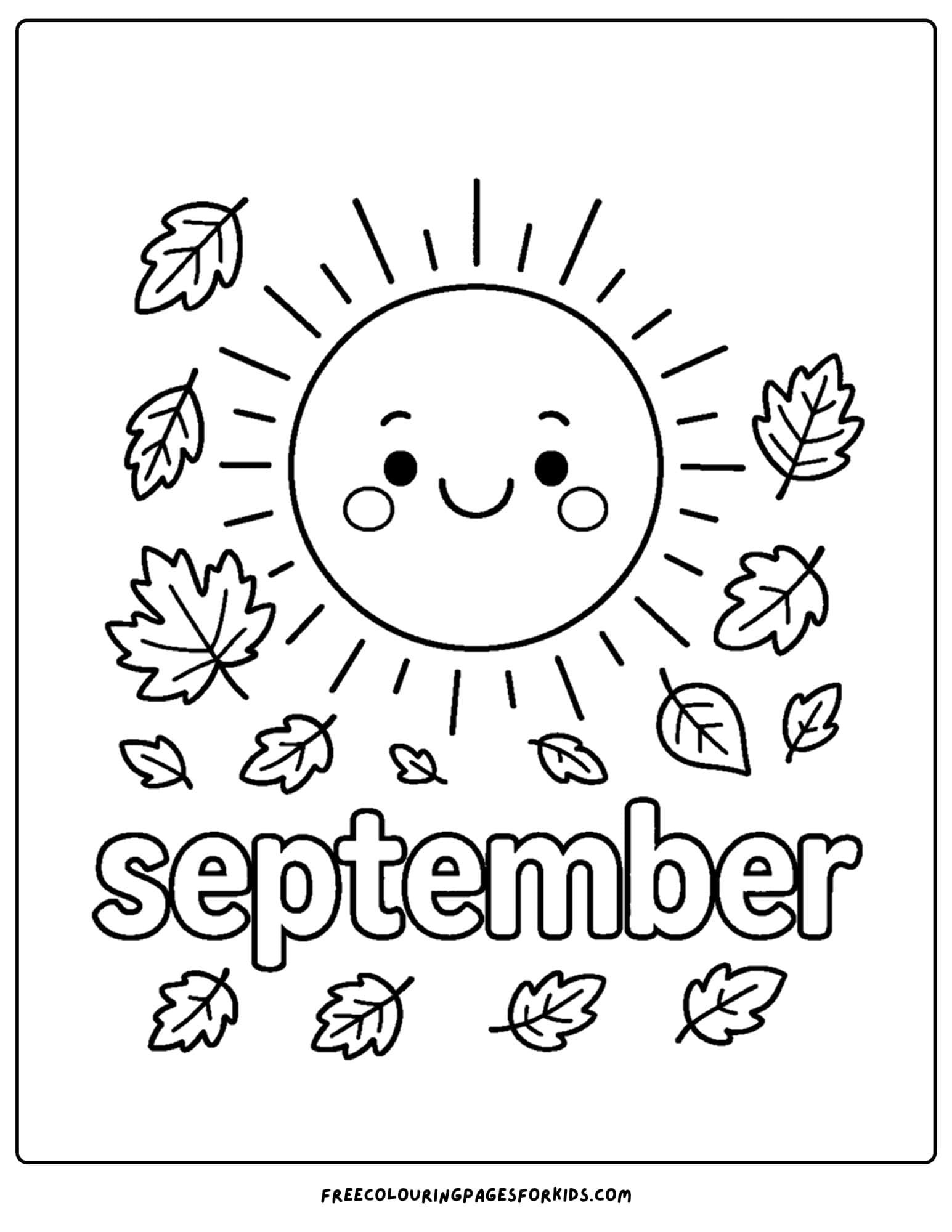 a september coloring page featuring a smiling sun with leaves blowing around