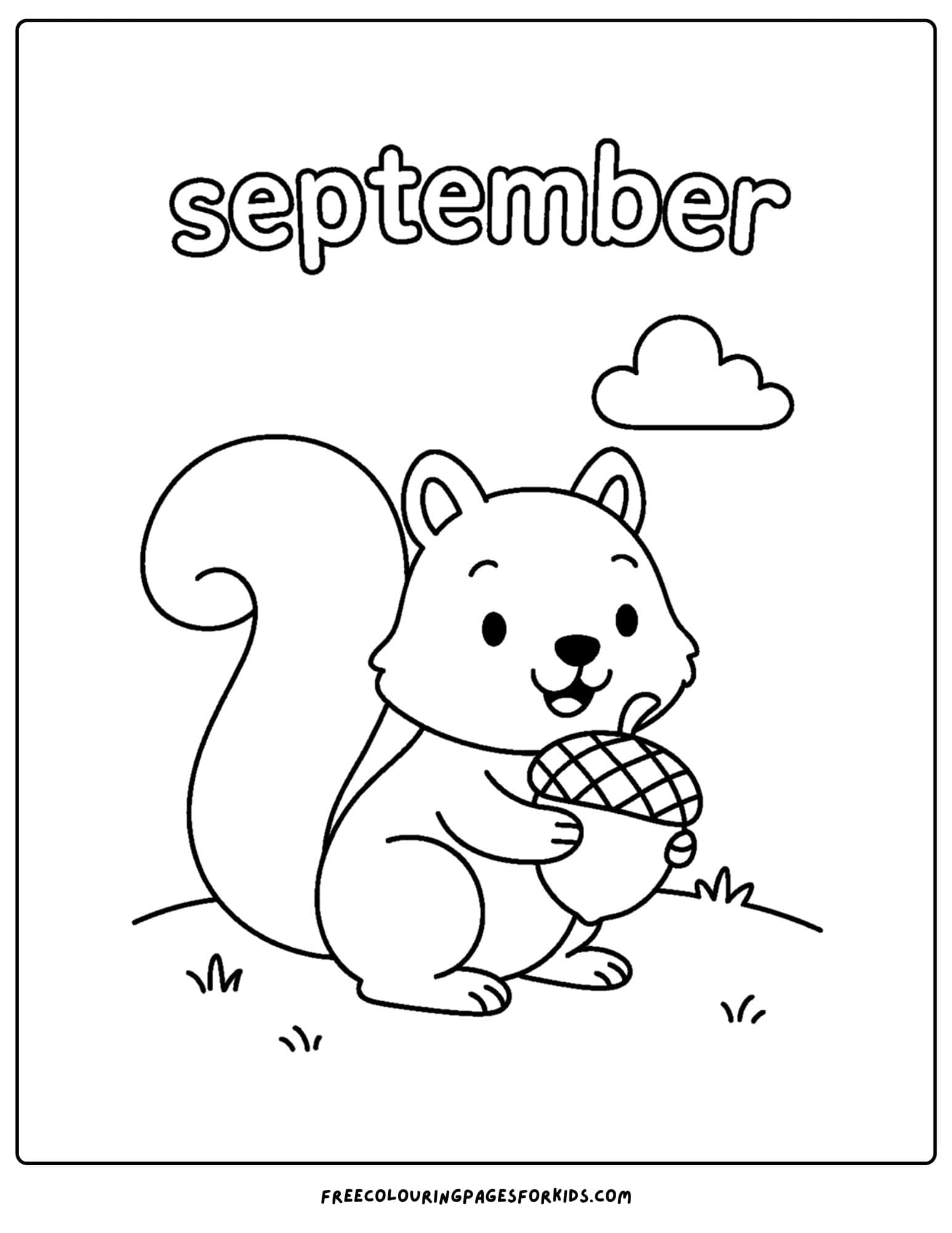 a september coloring page featuring a squirrel with an acorn