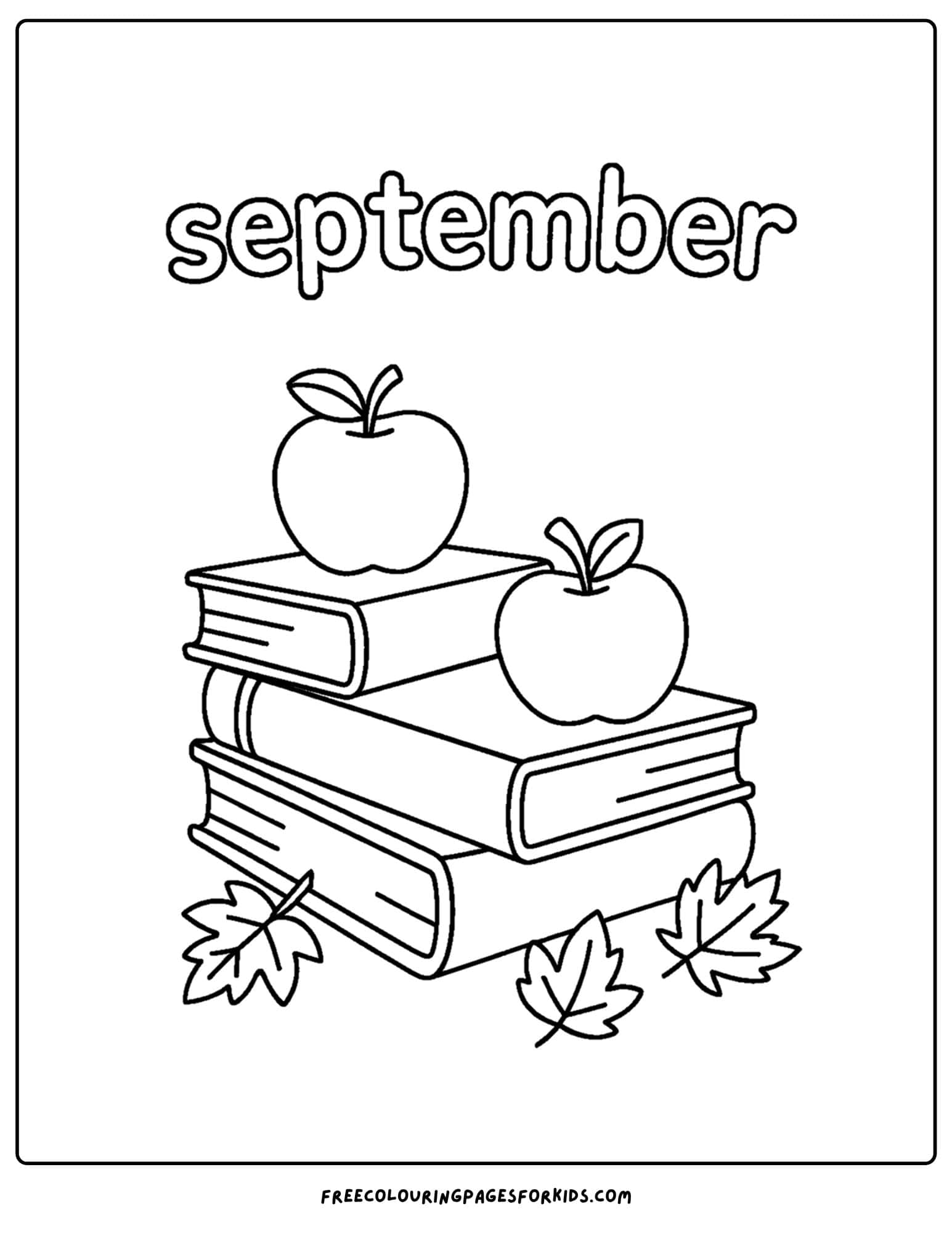a september coloring page featuring stack of books and apples