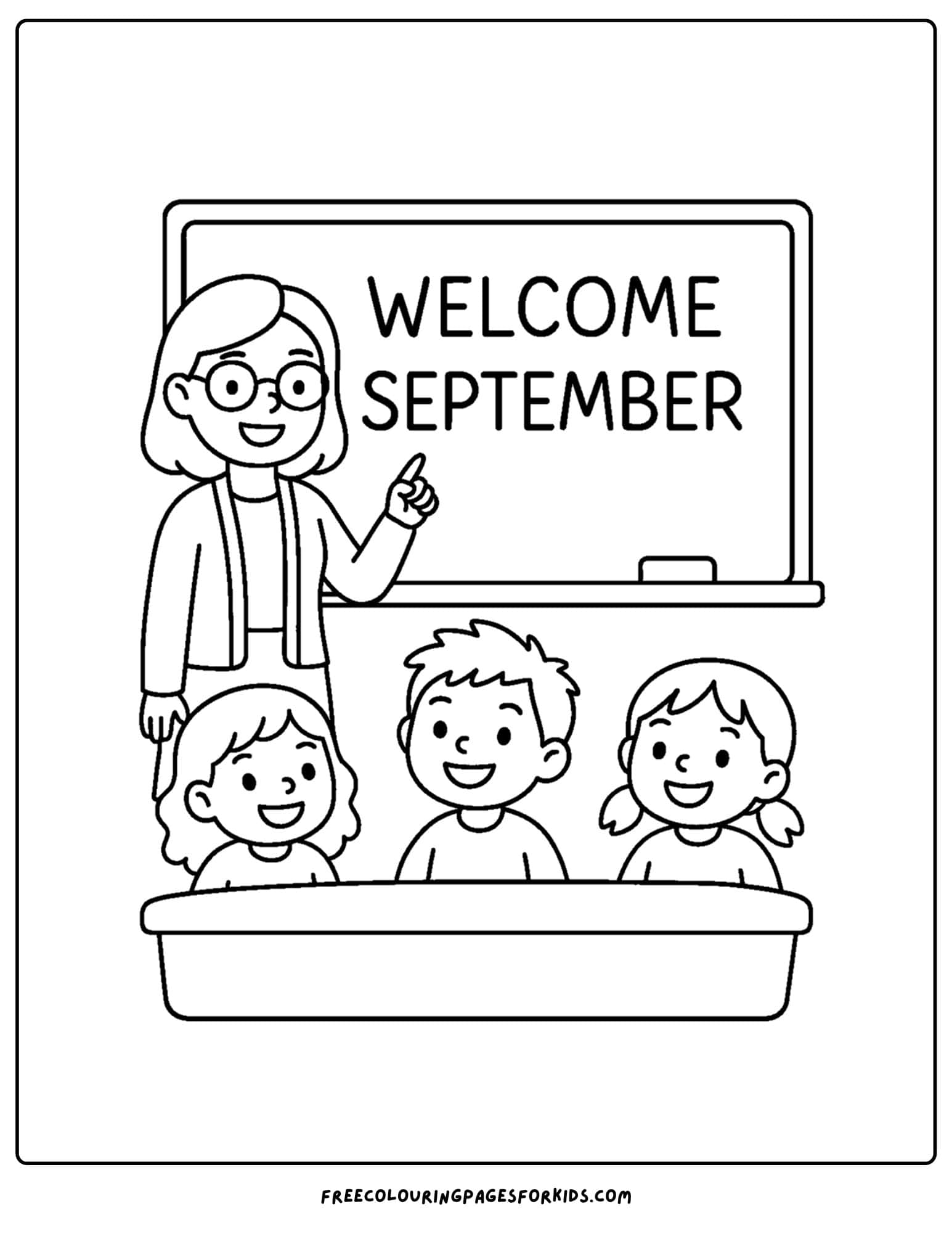 a september coloring page featuring a teacher welcoming her students back to school