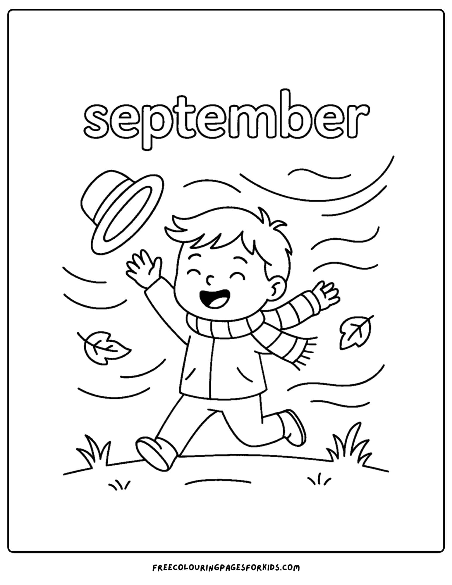 a september coloring page featuring a child chasing a hat on a windy day