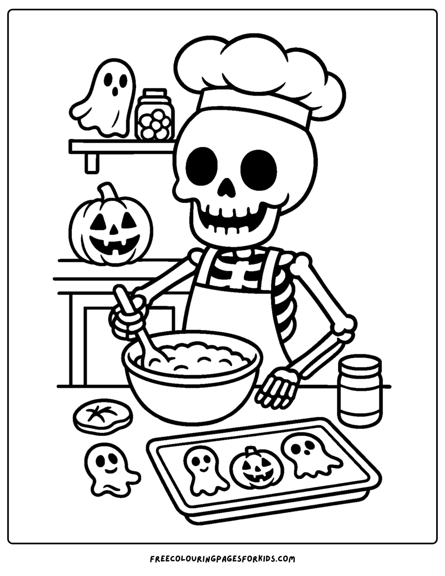 a coloring page of a skeleton baking spooky halloween cookies