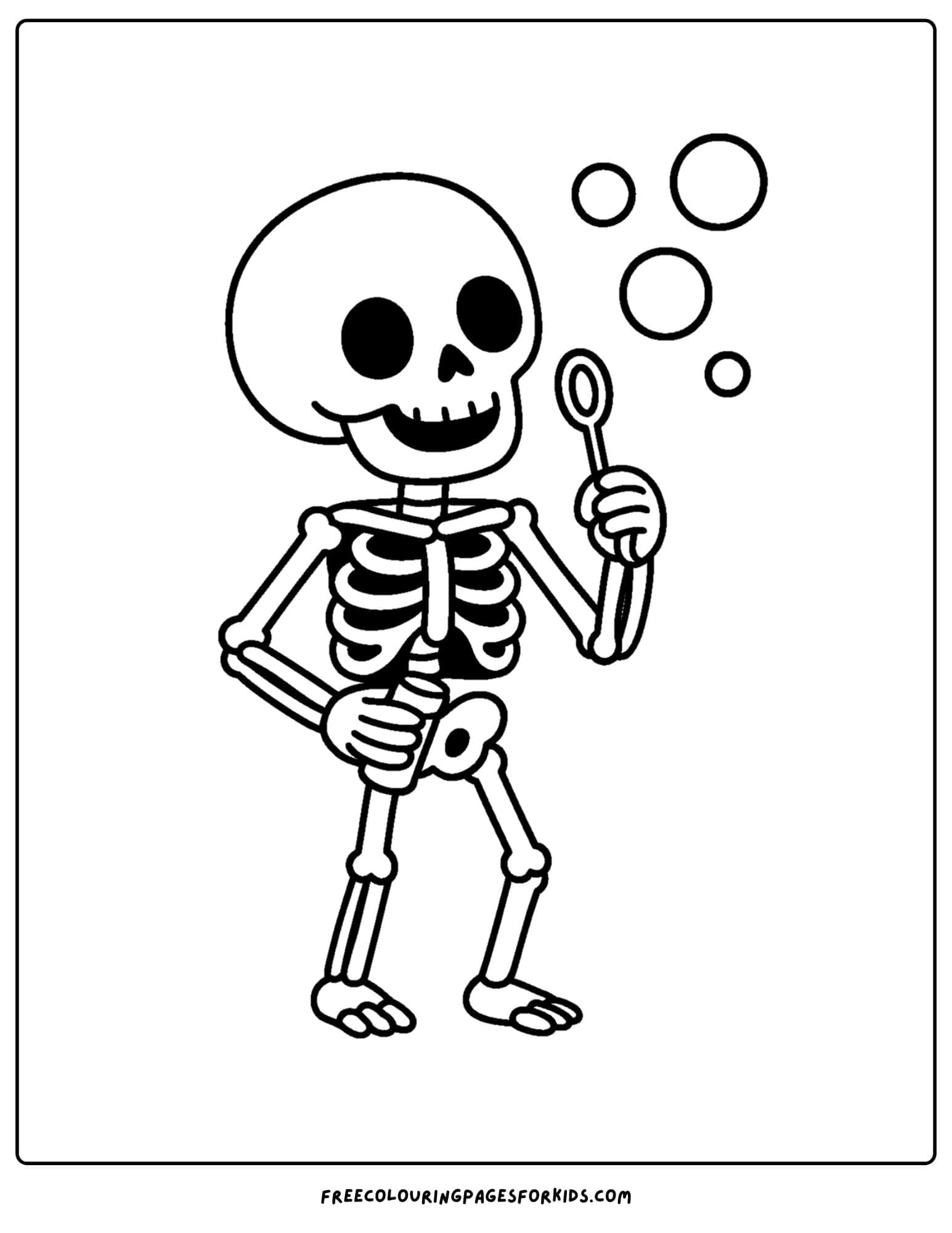 a coloring page of a skeleton blowing bubbles