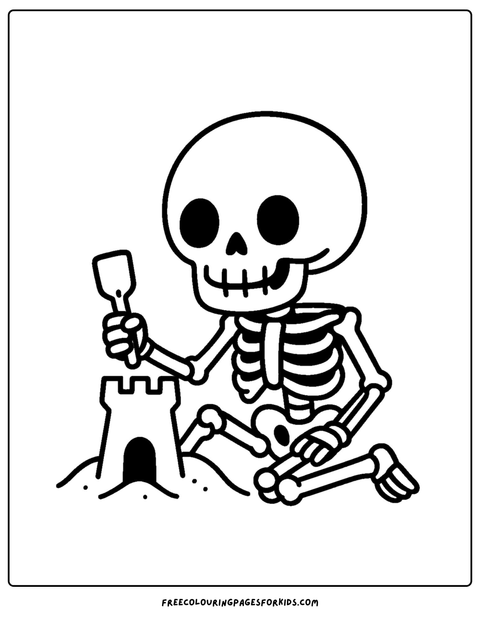 a coloring page of a skeleton making a sandcastle