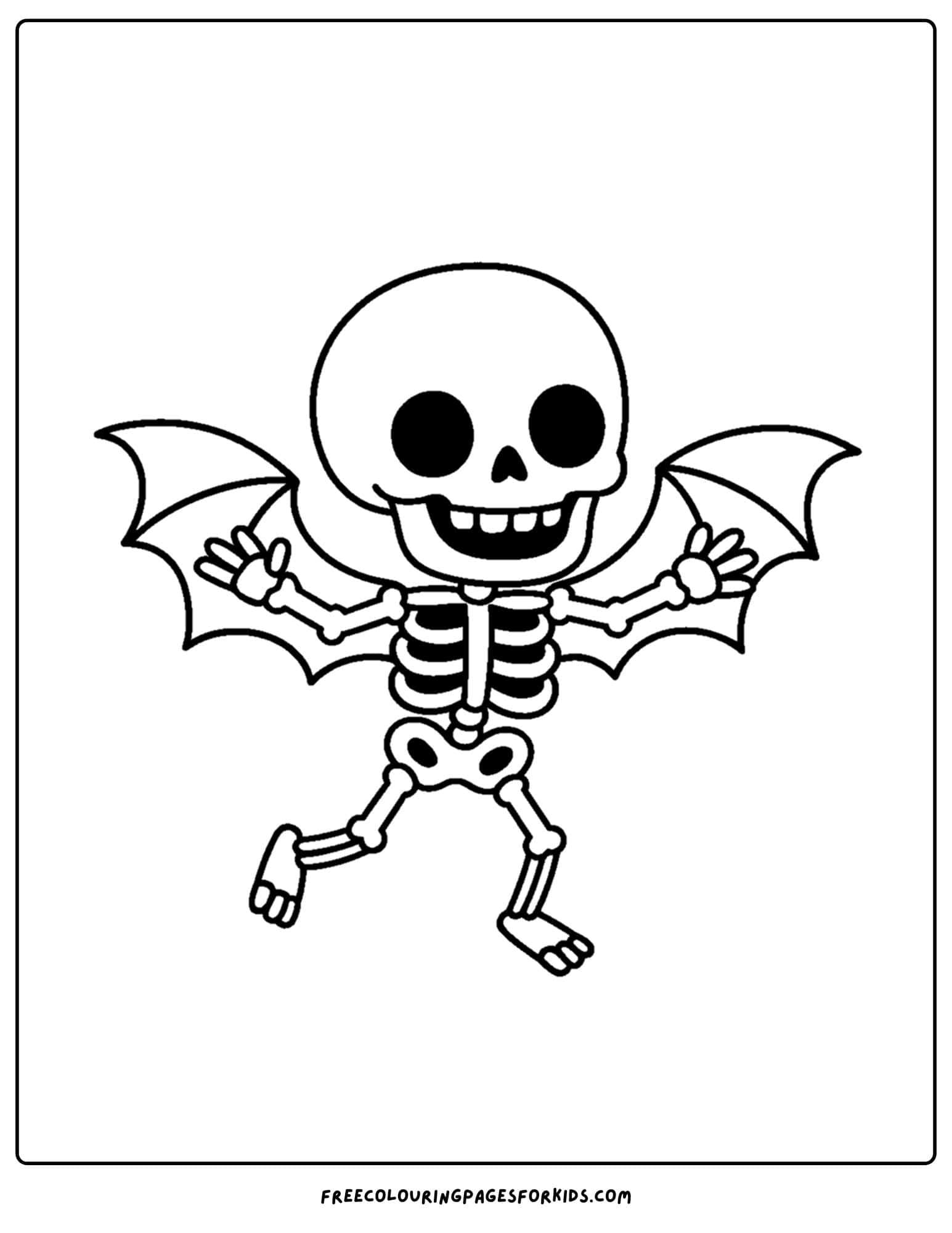 a coloring page of a skeleton with bat wings
