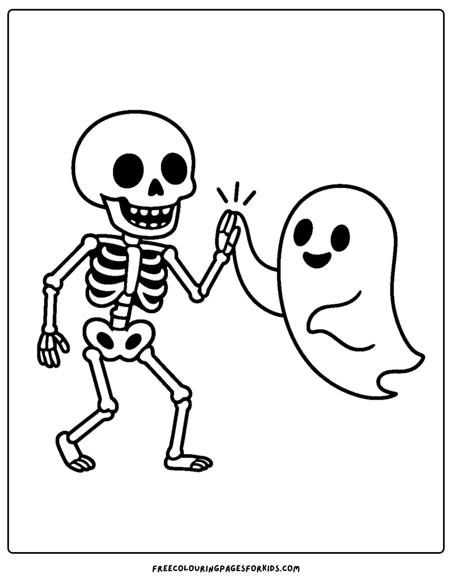 a coloring page of a skeleton giving a high five to a ghost