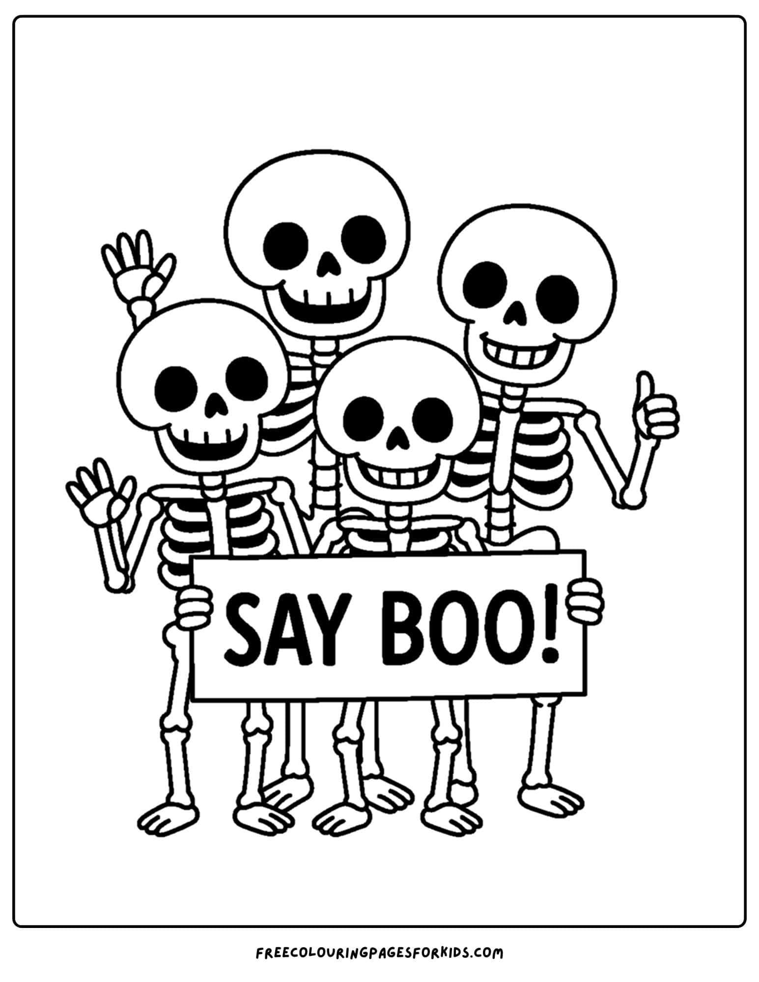 a coloring page of a group of skeletons holding a sign that says boo