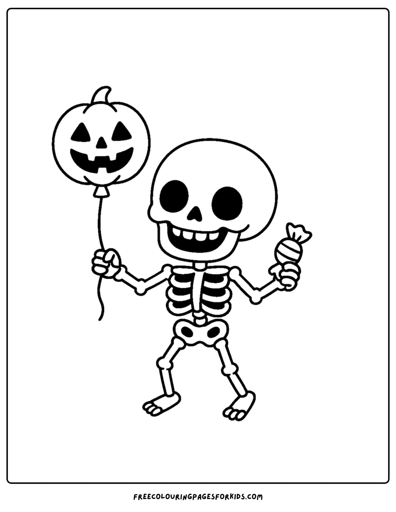 a coloring page of a skeleton holding a pumpkin shaped balloon