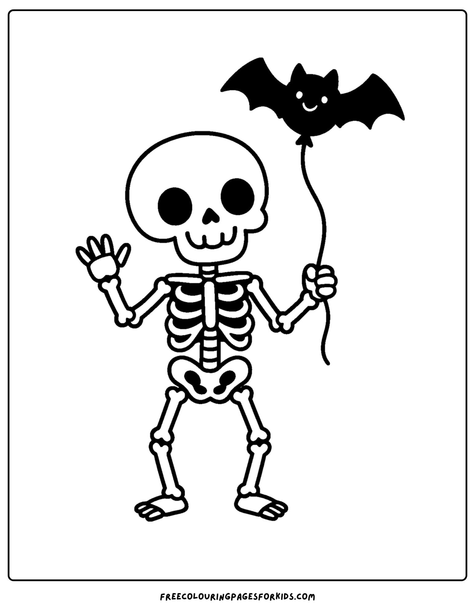 a coloring page of a skeleton holding a bat shaped balloon