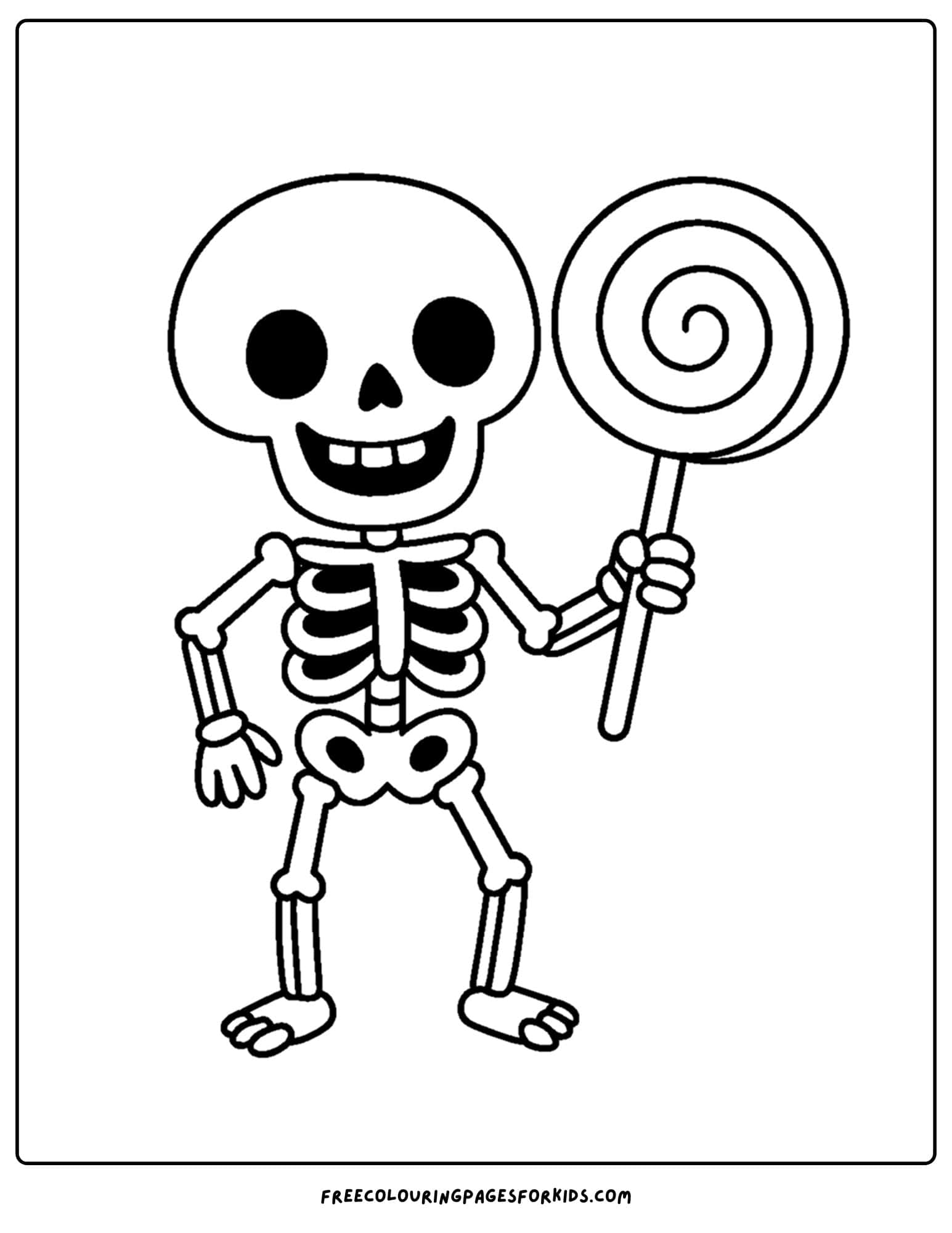a coloring page of a skeleton holding a giant lolipop