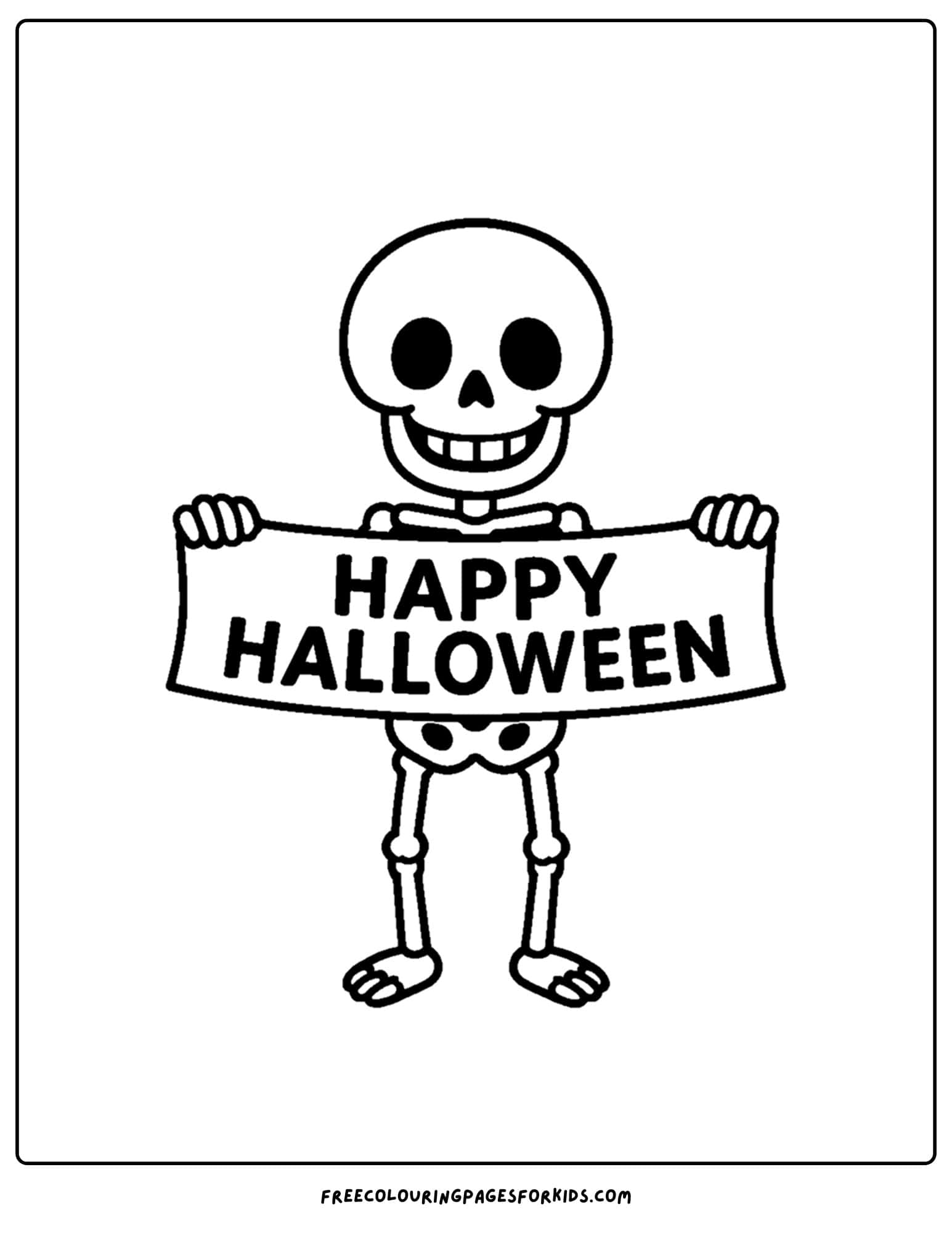 a coloring page of a skeleton holding a sign that says happy halloween