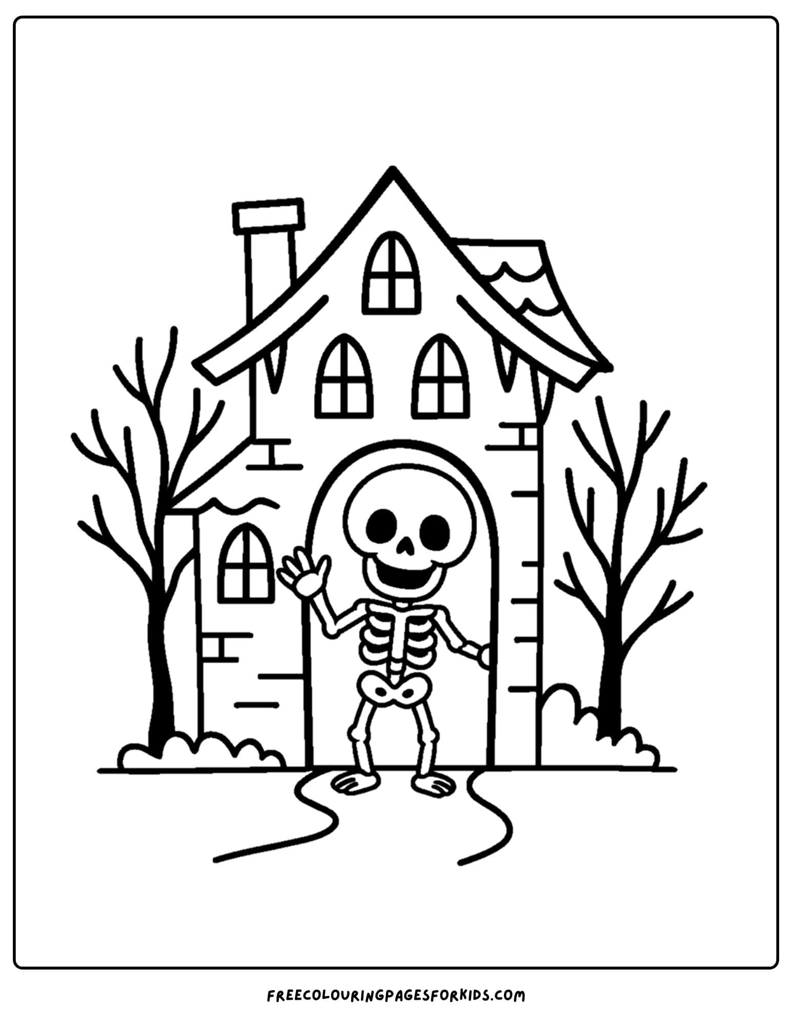 a coloring page of a skeleton outside a haunted house