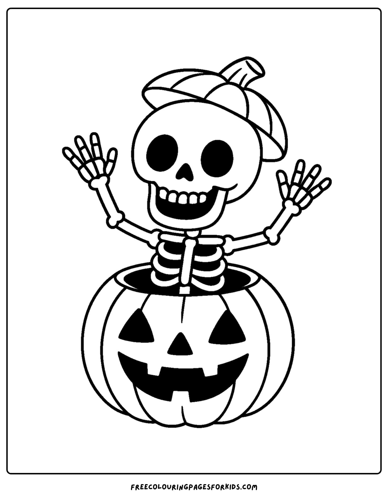 a coloring page of a skeleton popping out of inside a pumpkin