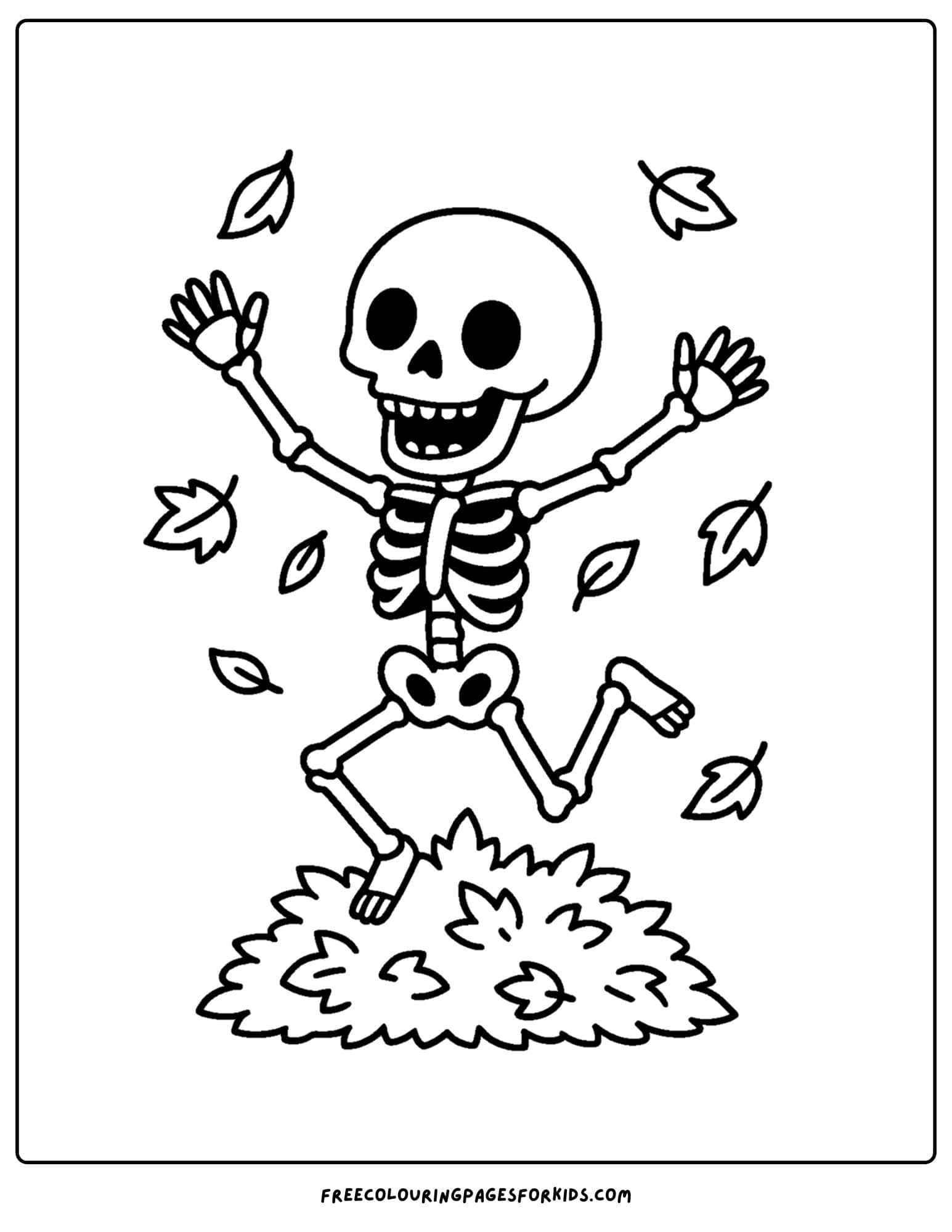 a coloring page of a skeleton jumping in fall leaves