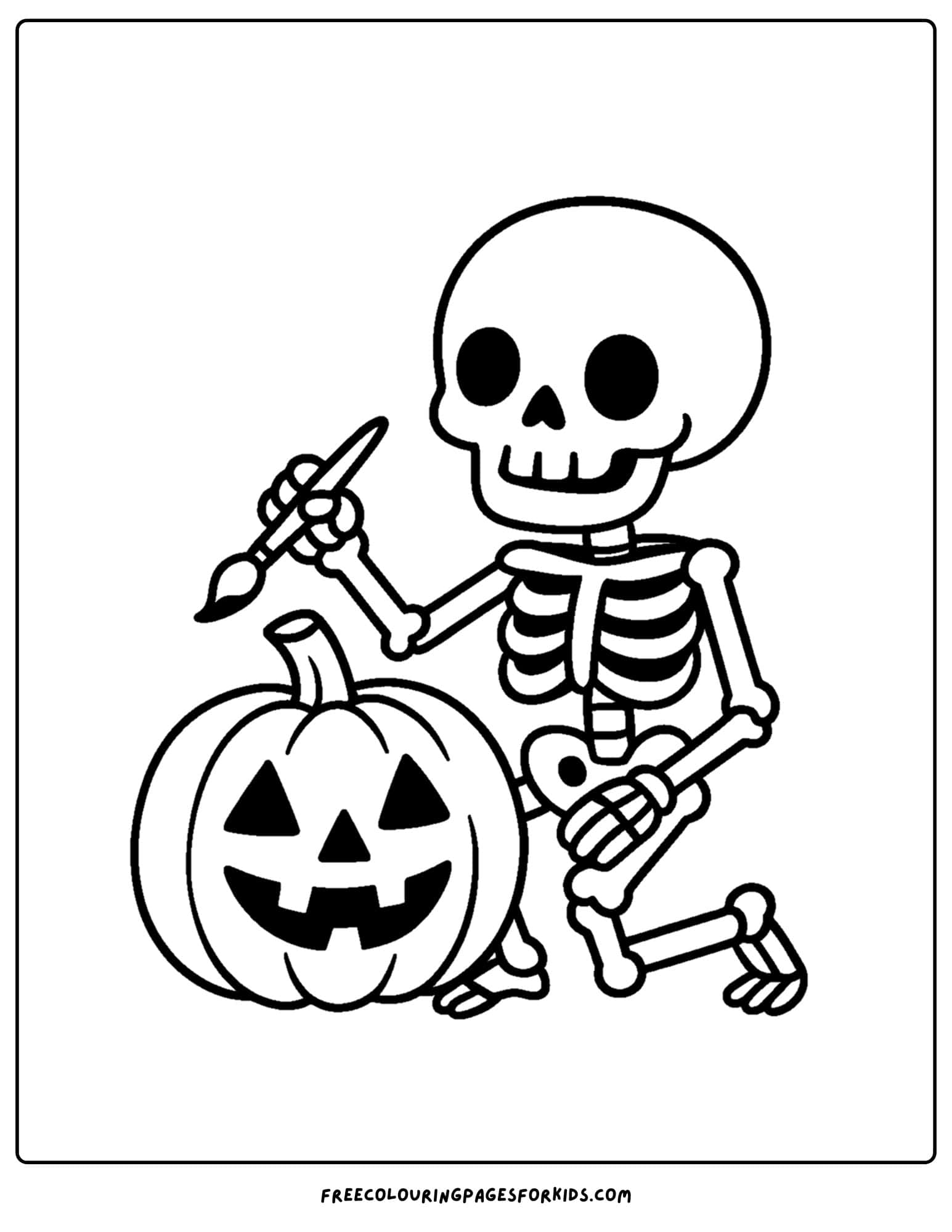 a coloring page of a skeleton painting a pumpkin