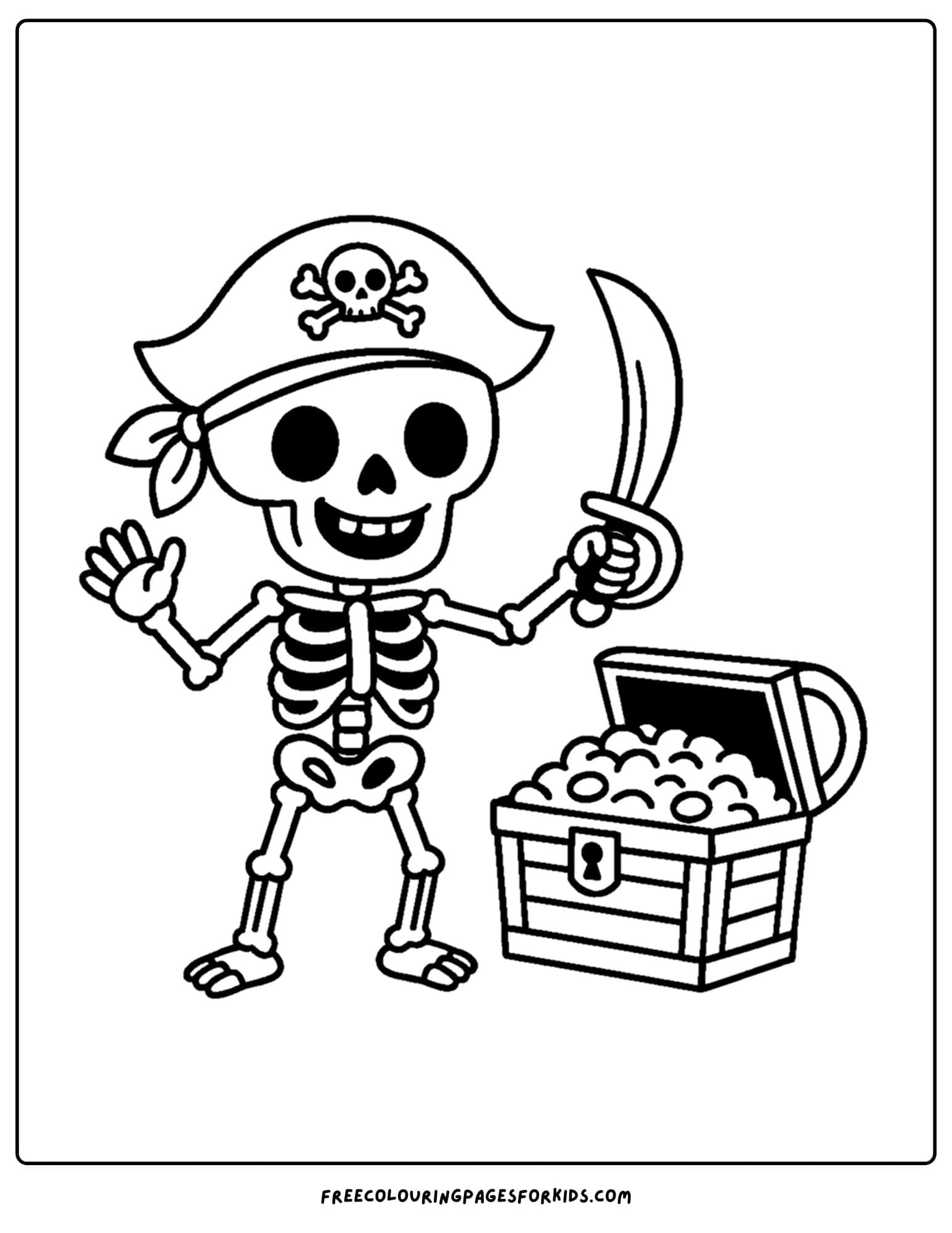 a coloring page of a skeleton with pirate treasure