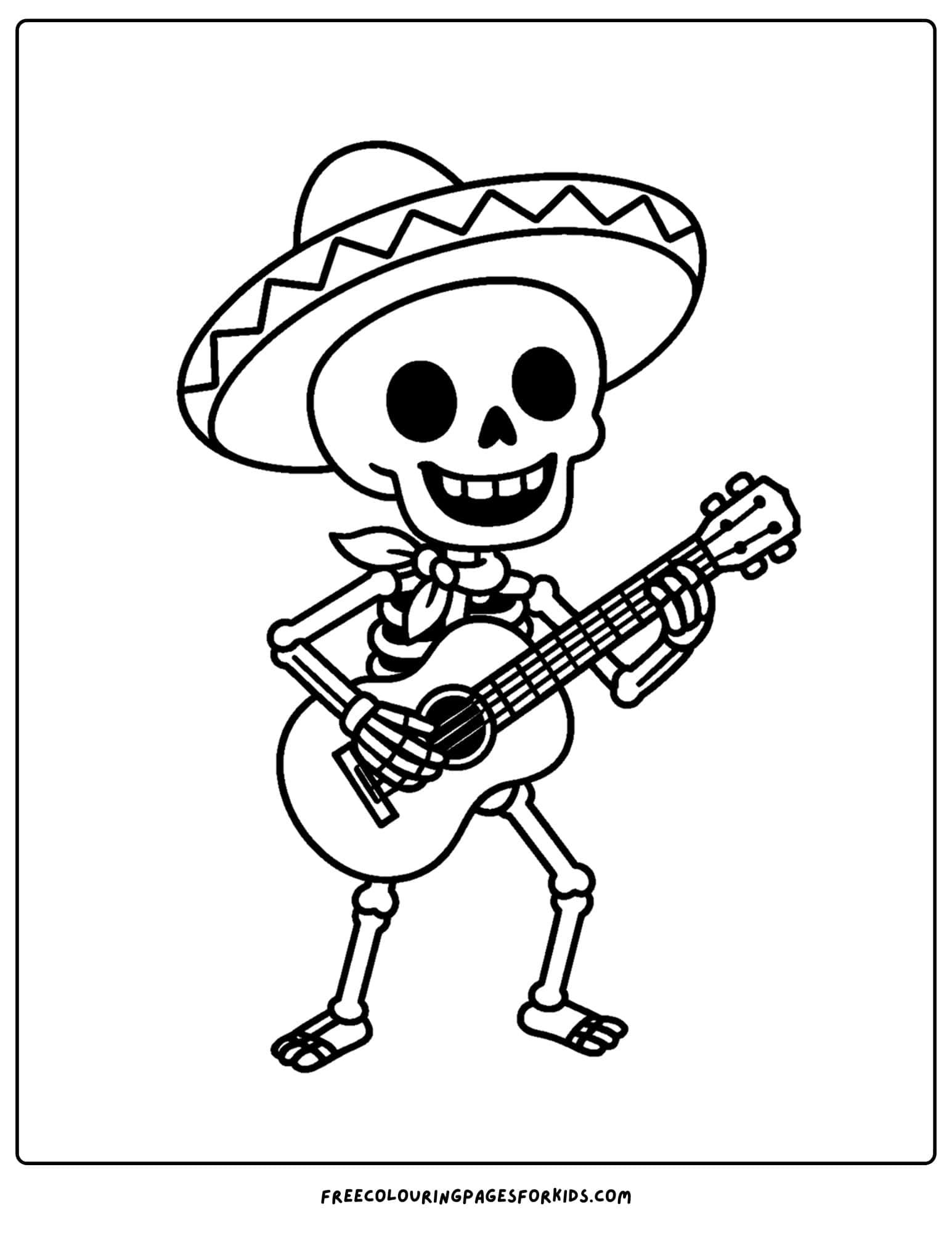 a coloring page of a skeleton playing a guitar and wearing a sombrero