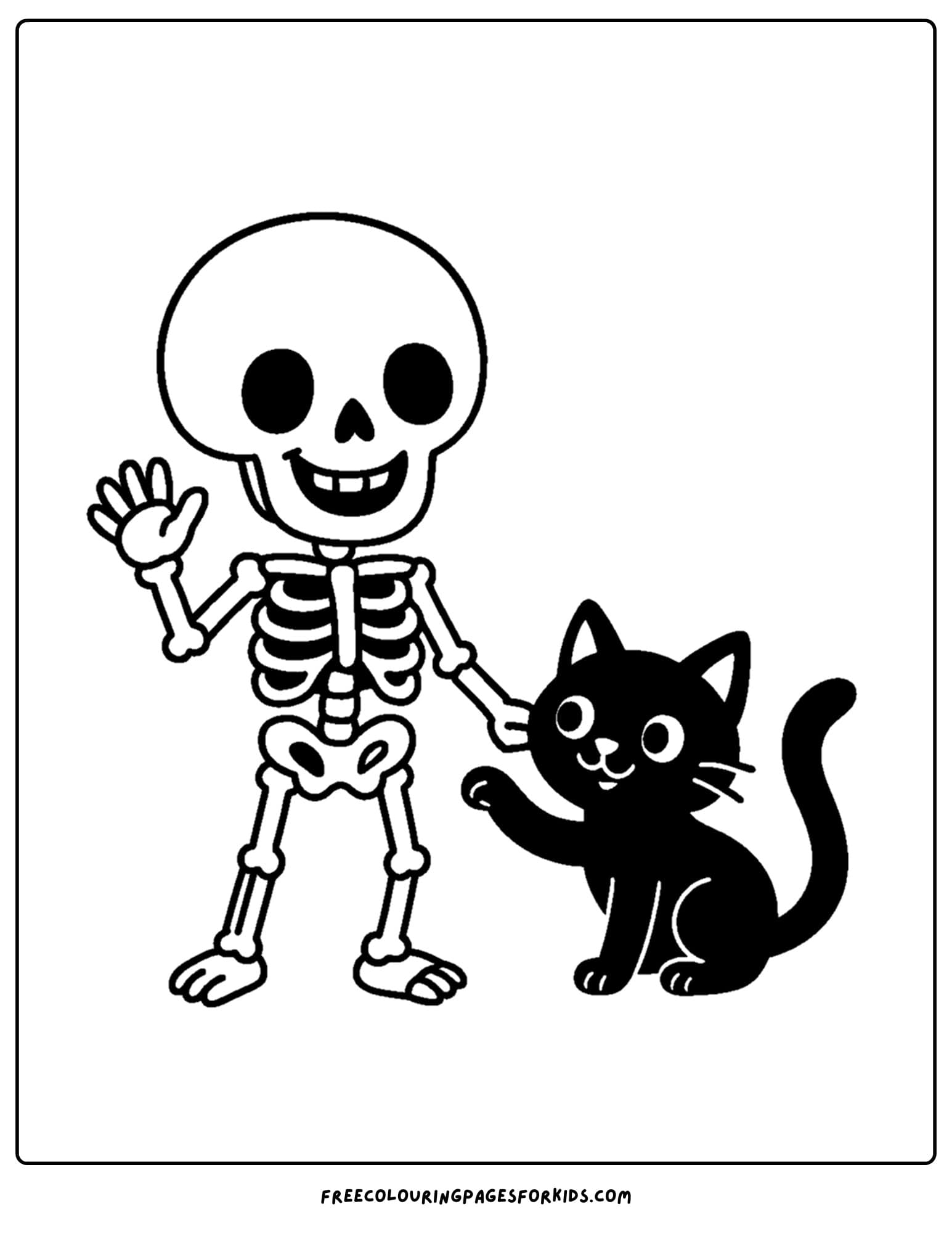 a coloring page of a skeleton and a black cat