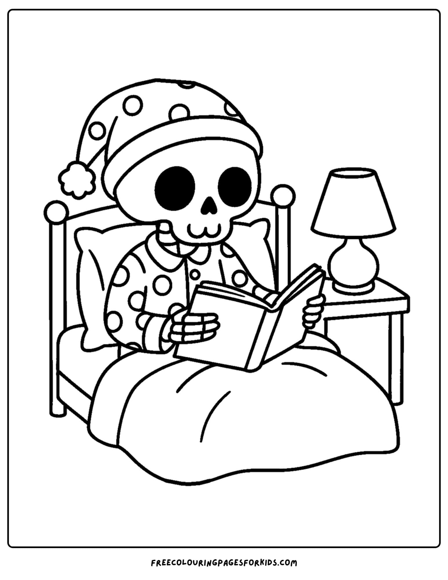 a coloring page of a skeleton in bed reading a book