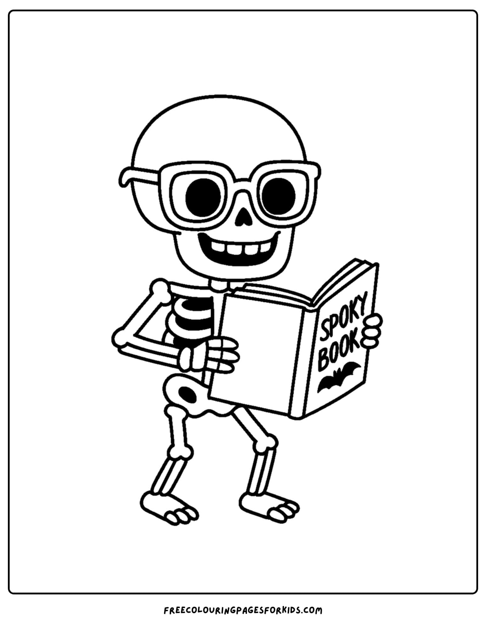 a coloring page of a skeleton standing and reading a spooky book