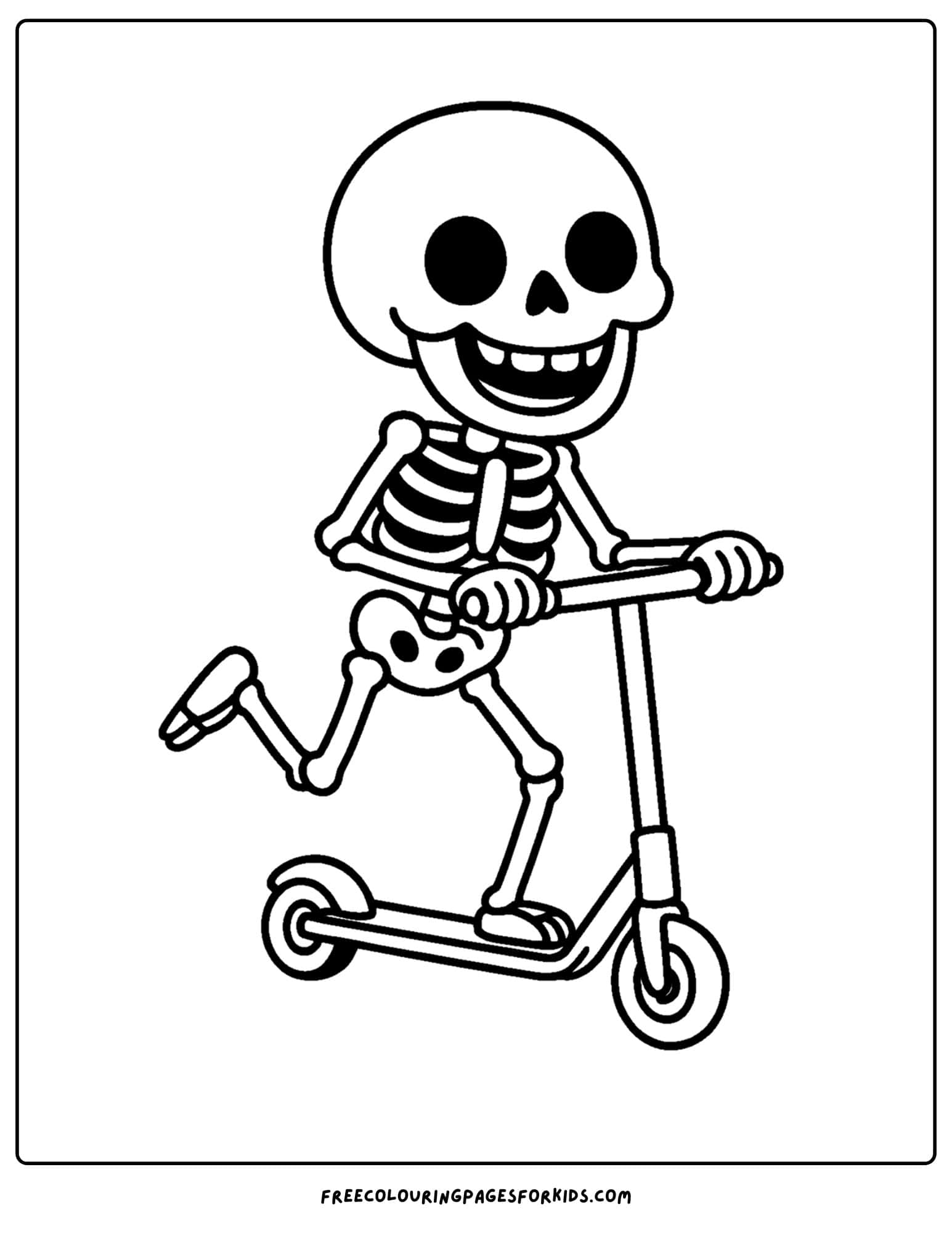 a coloring page of a skeleton riding a scooter