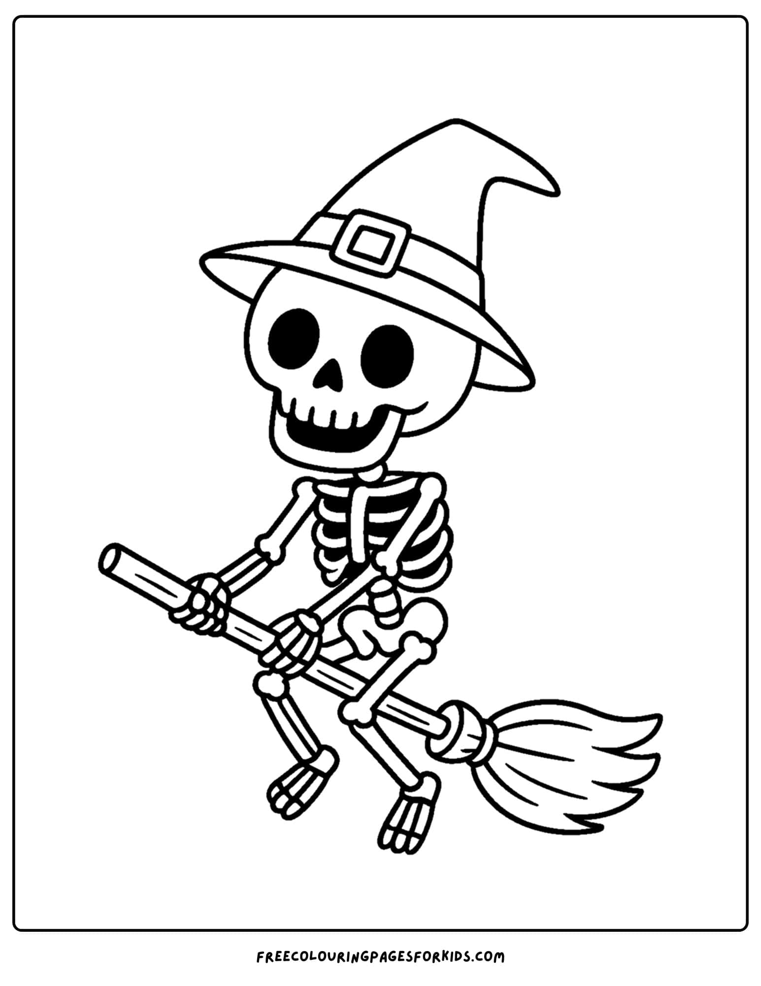 a coloring page of a skeleton flying on a broom stick