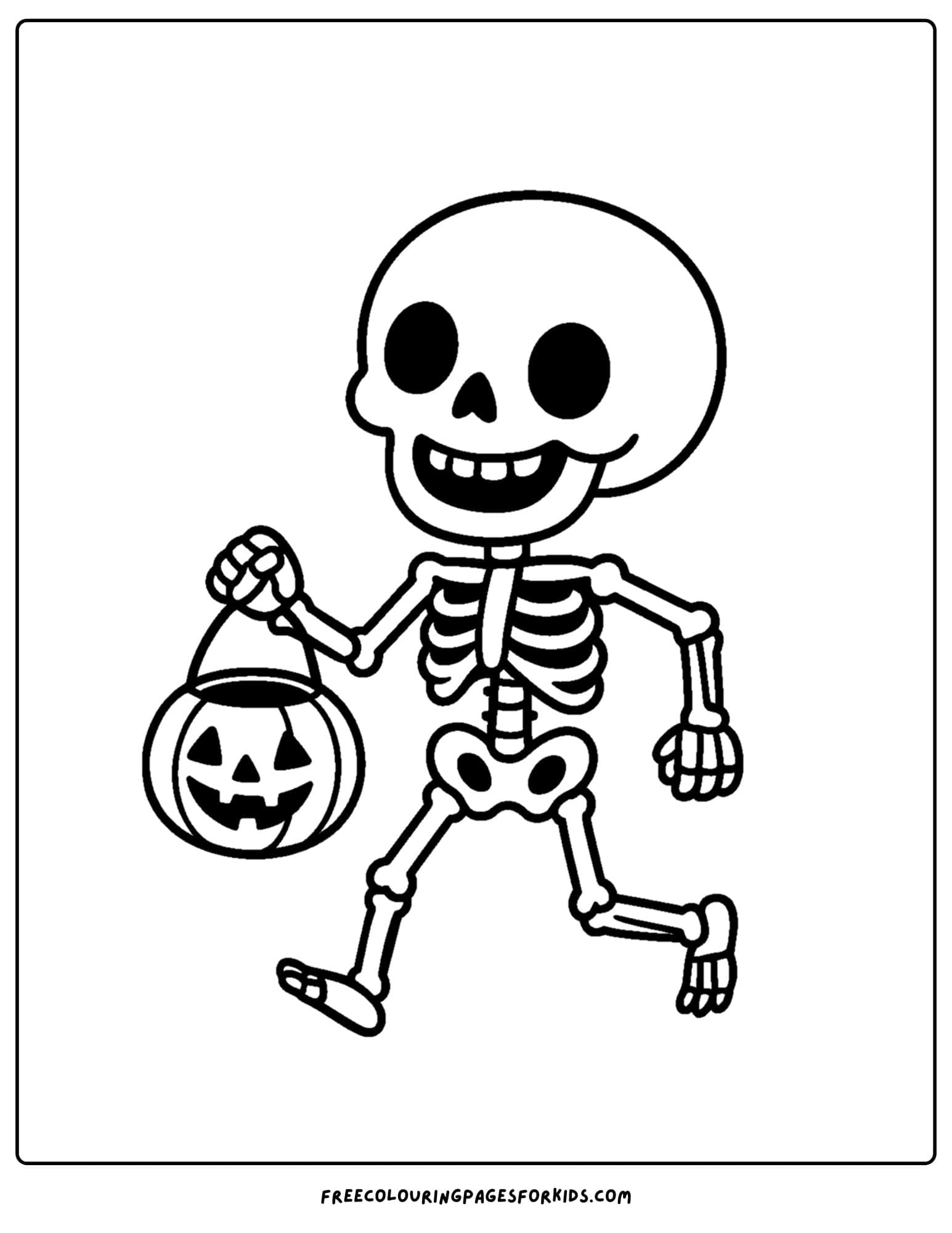 a coloring page of a skeleton carrying a trick or treat pumpkin bucket