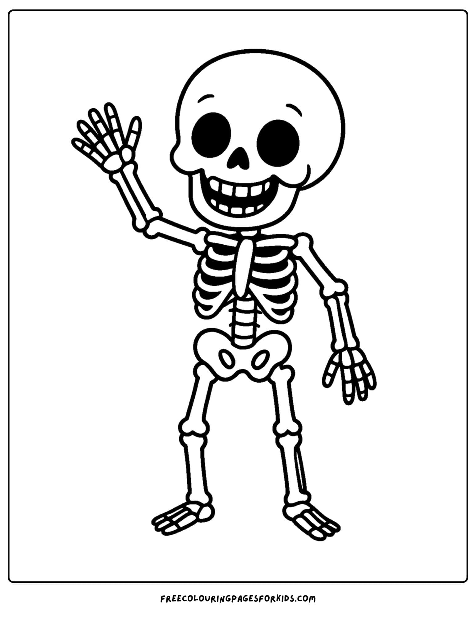 a coloring page of a skeleton waving