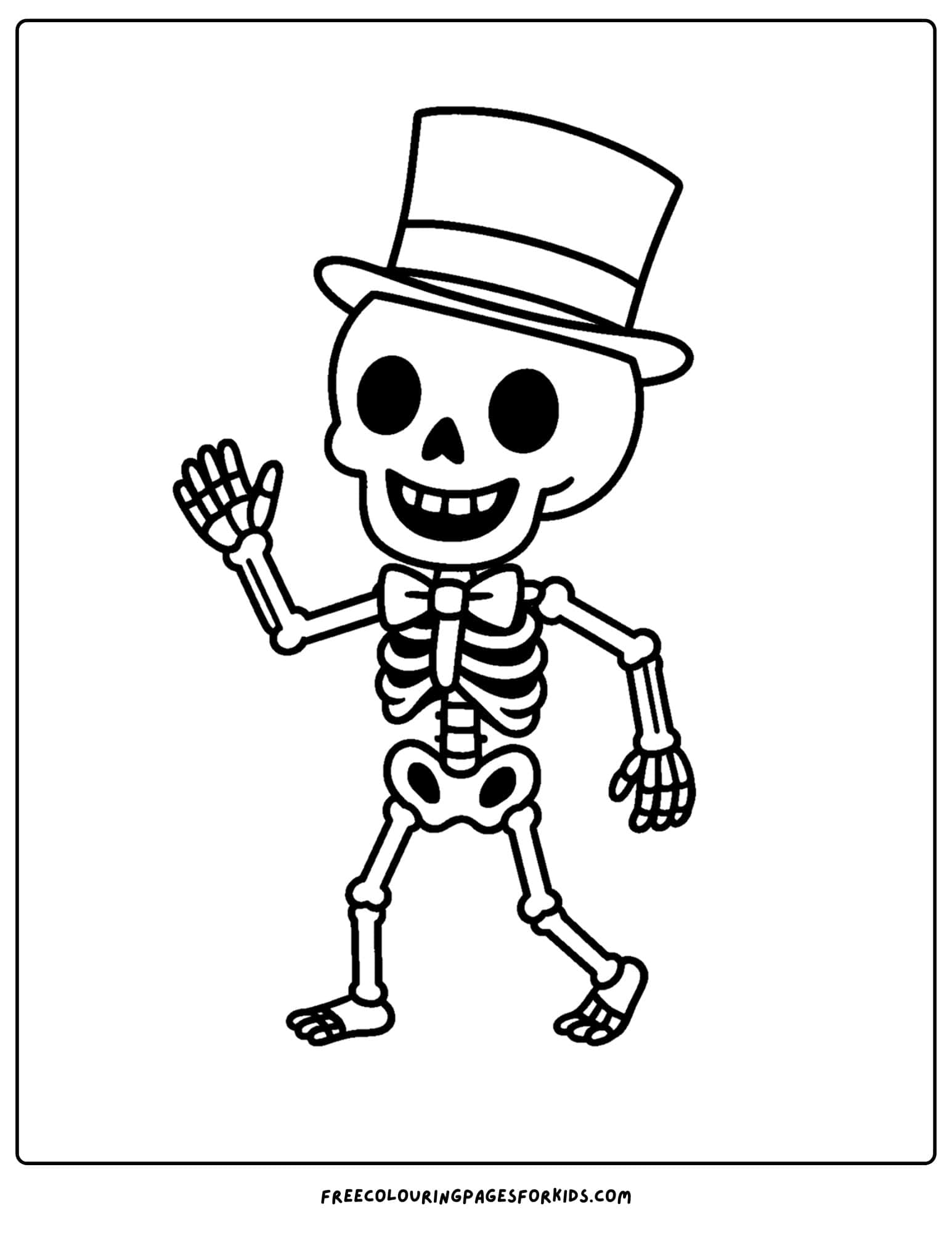 a coloring page of a skeleton wearing a top hat